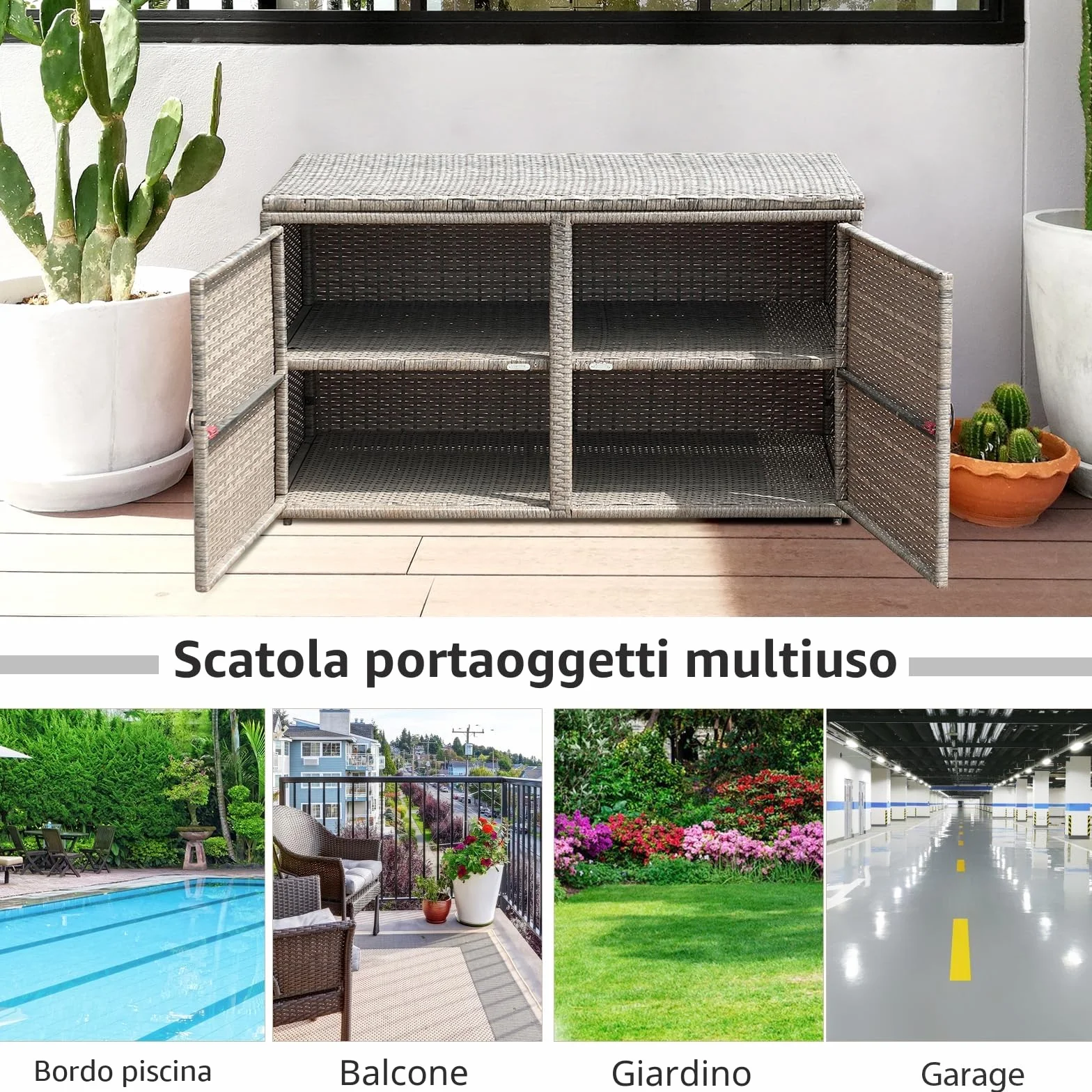 KOMFOTTEU Cassapanca Contenitore da Esterno 330L Rattan Telaio Acciaio Baule Giardino Resistente UV Impermeabile 115x60x65 cm Grigio