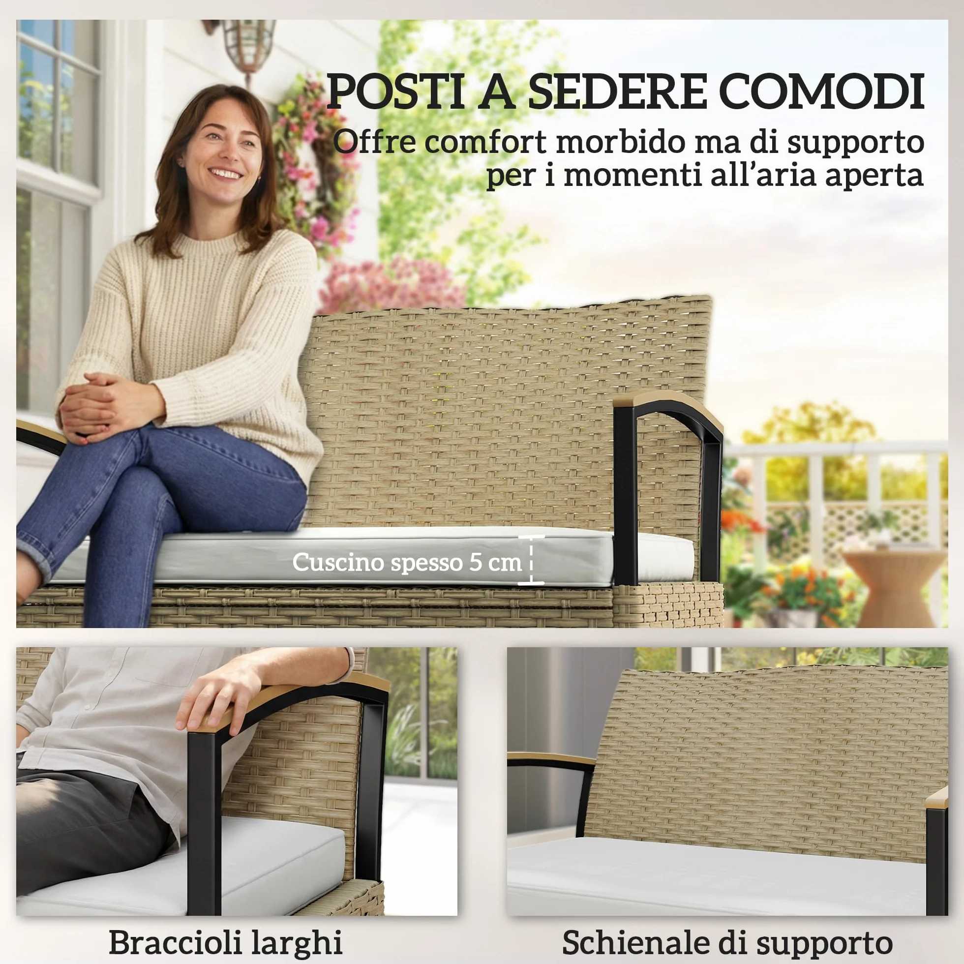 Outsunny Baule da Esterno, Panca Contenitore da Giardino 125L, Divanetto 2 Posti in Rattan PE con Cuscino Imbottito, Struttura in Metallo per Patio, Giardino e Balcone, Cachi