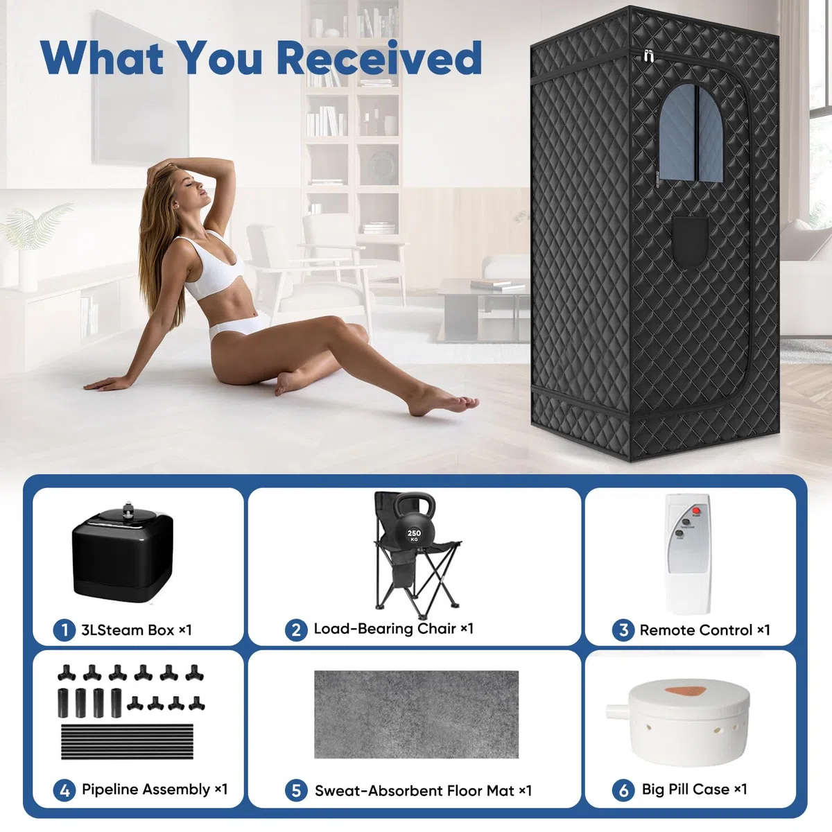 Sauna Portatile Pieghevole 1000W 90x90x180cm con Sedia Telecomando