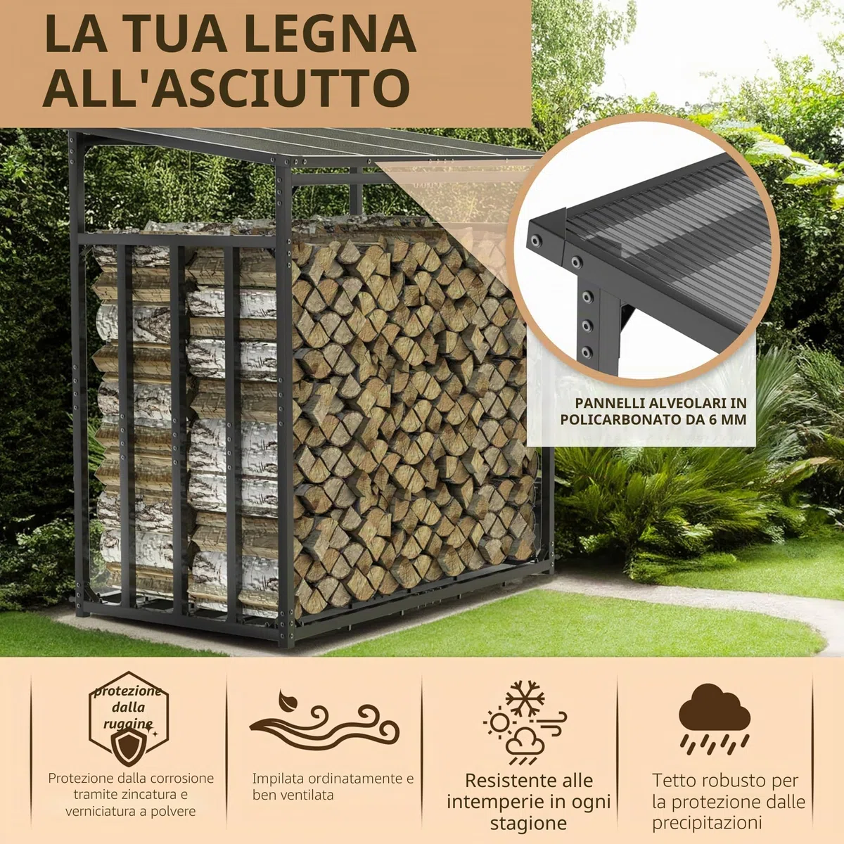LAWA portalegna da esterno metallo zincato 185x105x185 cm 4x4cm portata 3,5t con tetto rastrelliera per legna