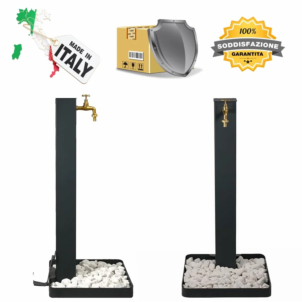 Fontana da giardino. Fontanella da giardino, per esterno, antracite. Rubinetto in ottone, flessibile, raccordo e ciottoli Compresi
