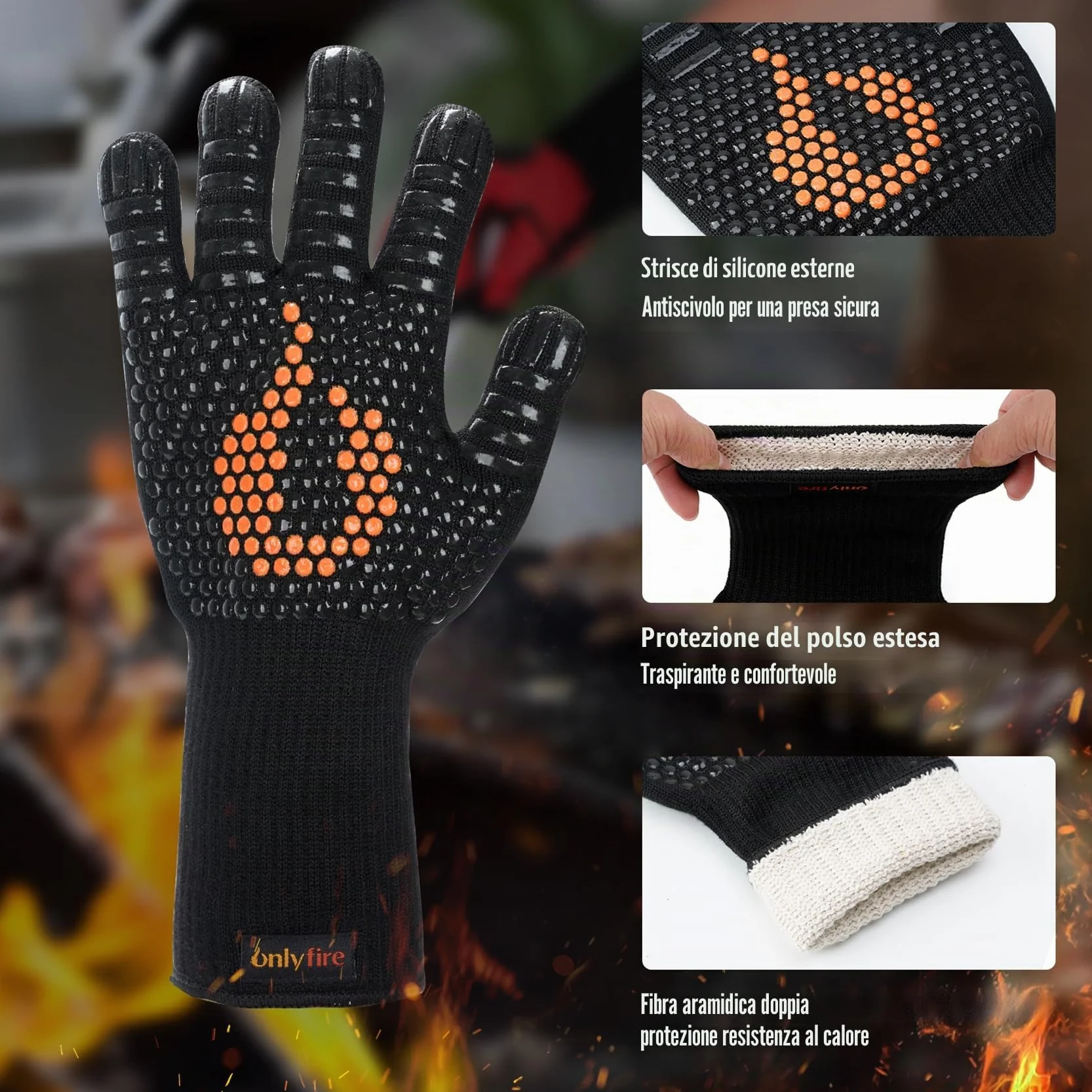 onlyfire Set di Utensili da Cucina da 3 Pezzi, Guanti da Barbecue Resistenti al Calore, Grembiule Regolabile con 2 Tasche e Panno di Pulizia in Microfibra, Set di Accessori per Barbecue per Cucinare