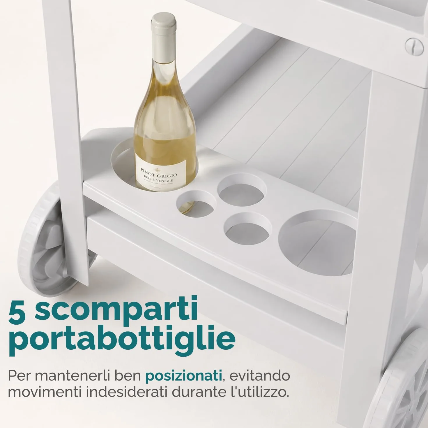 PALUPLUS Carrello Portavivande Esterno Bianco 53x74x73 cm 2 Ripiani Portabottiglie 5 Posti Made Italy