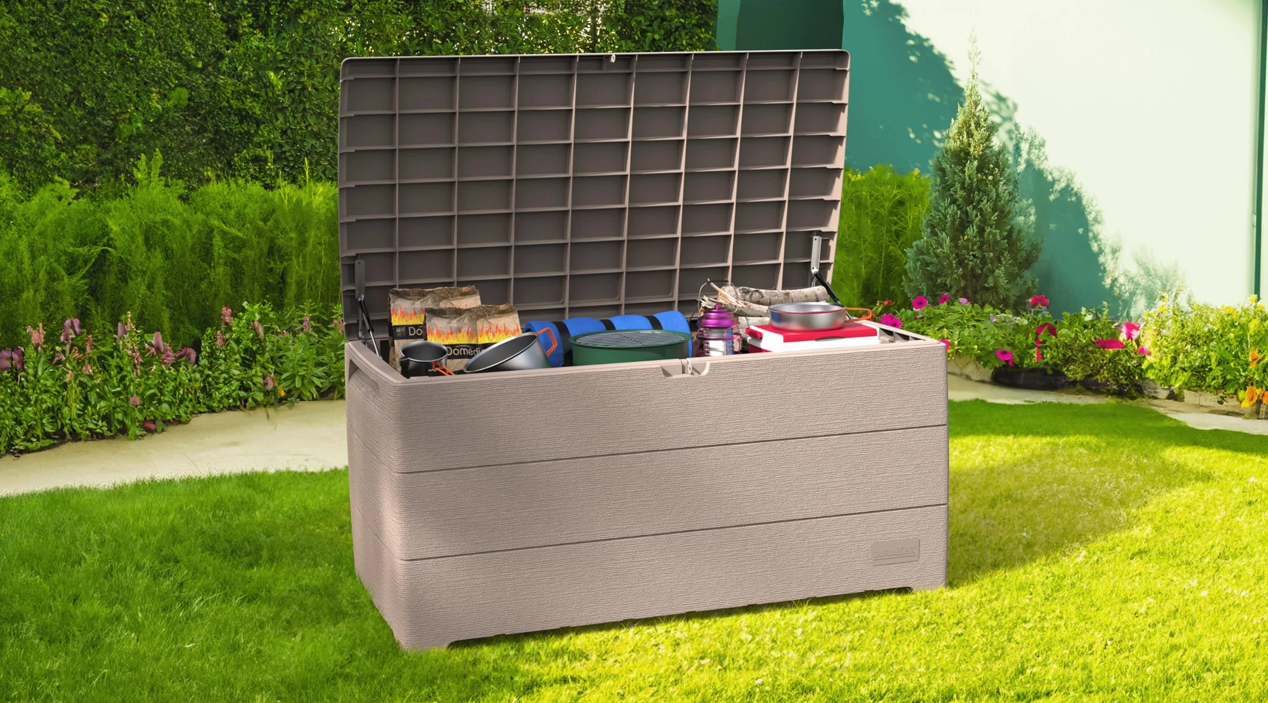 Duramax Cedargrain Durabox 270 Litri/ 71 Galloni Baule da Giardino, Cassapanca Contenitore da Esterno in plastica con ruote e maniglie, Scatole Per Esterni, Tortora caldo, 55.7 x 45.3 x 117.2 cm