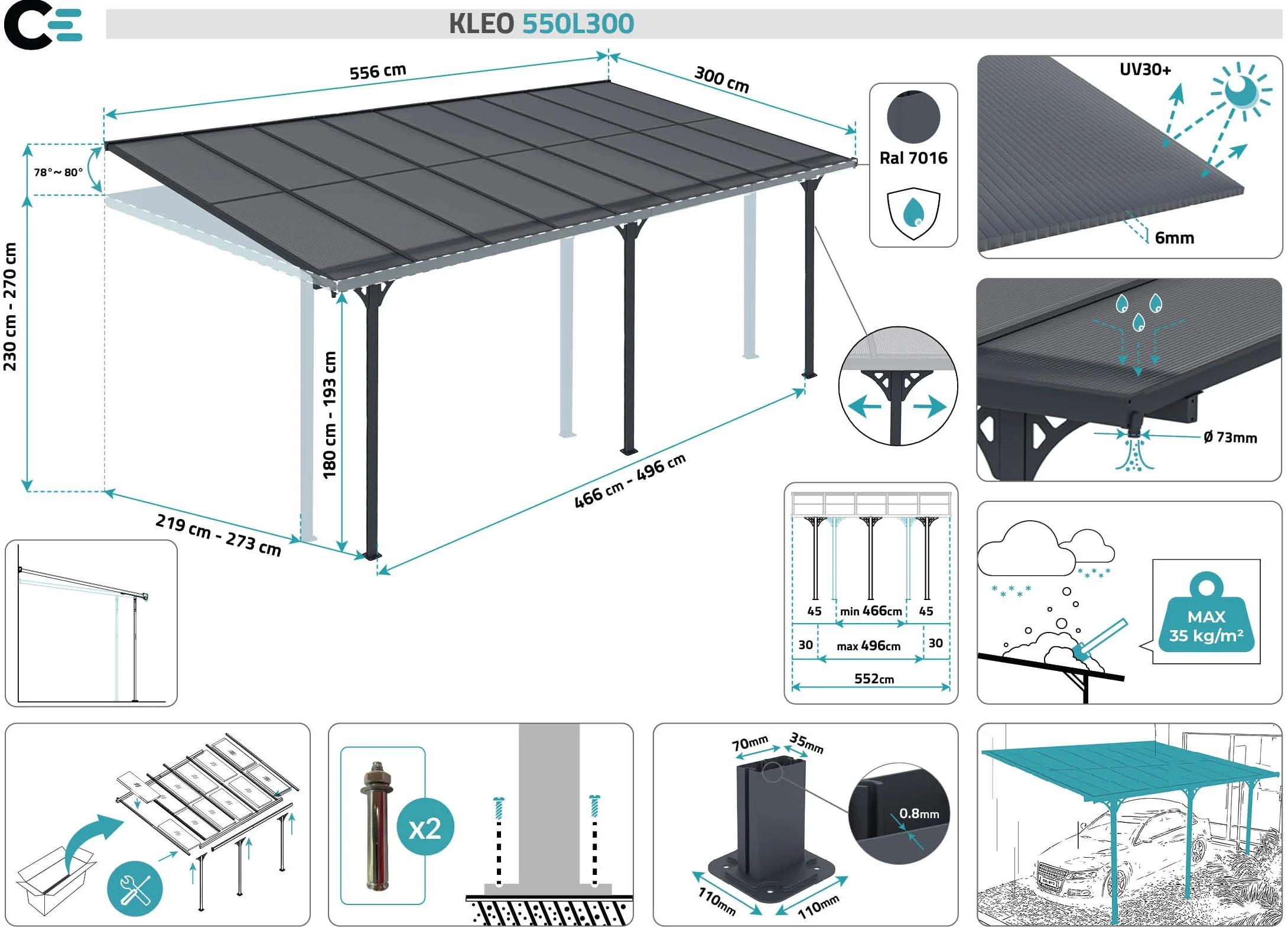 KLEO Carport Pergola Addossata 5,5x3m Alluminio Grigio 16,5m²