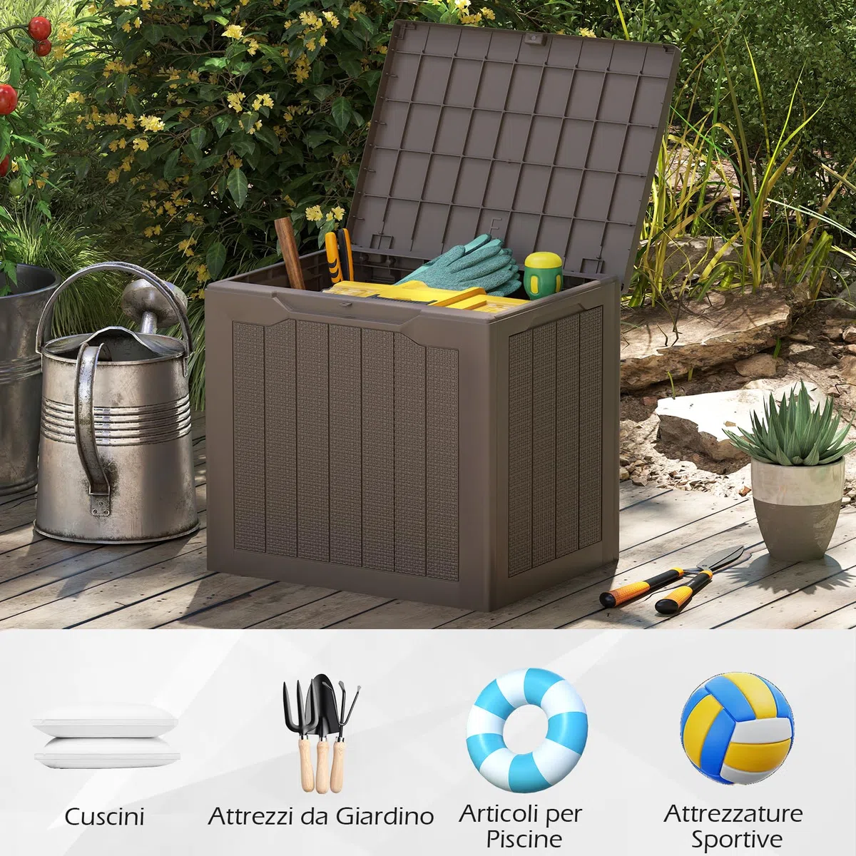 COSTWAY Baule da Esterno 106 L, Cassapanca Contenitore Impermeabile con Coperchio Bloccabile e Maniglie Laterali, per Giardino, Terrazzo e Cortile, 56 x 41 x 50,5 cm (Marrone)