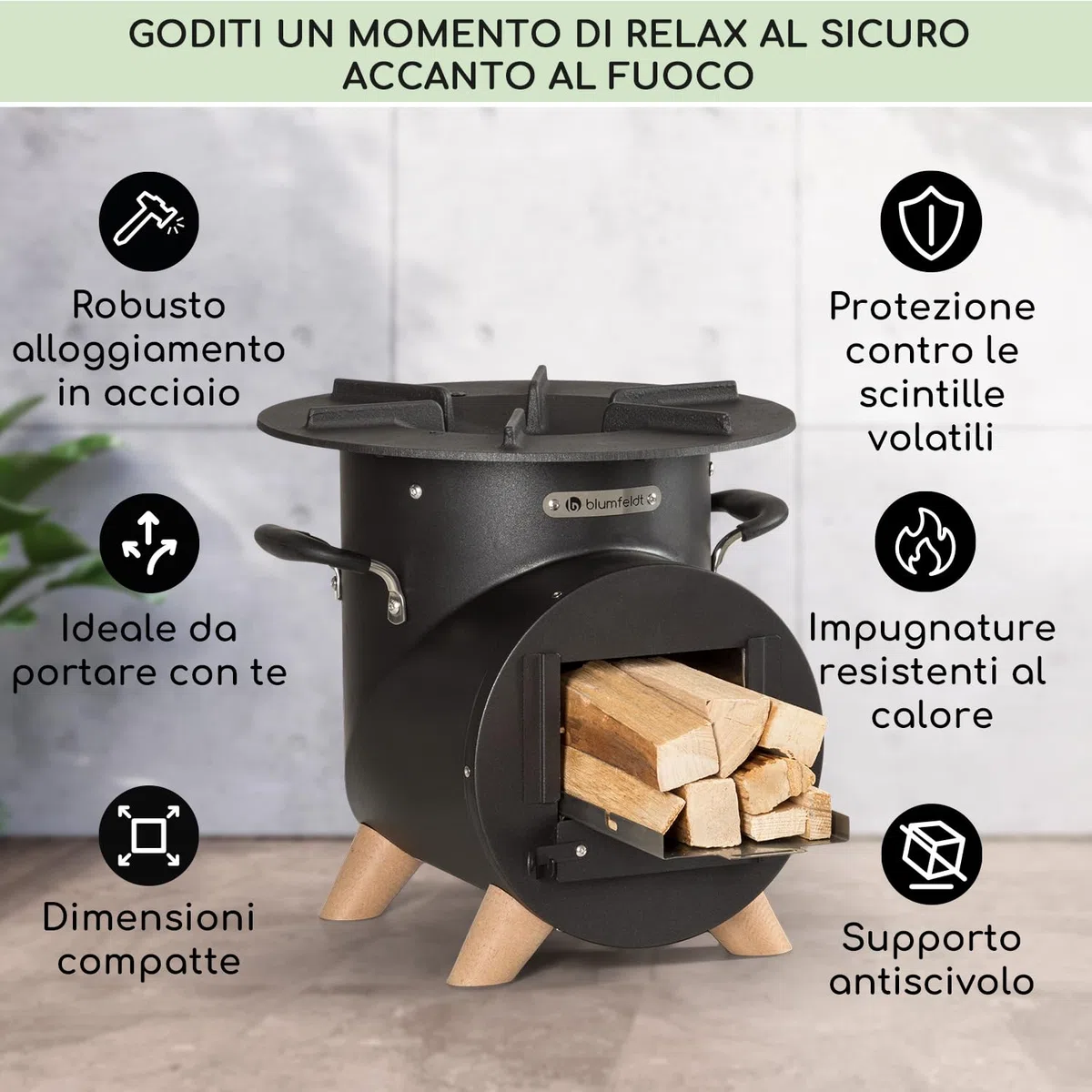 blumfeldt Braciere da Giardino Esterno, Braciere da Esterno Portatile, Braciere da Giardino con Griglia, Posacenere e Attizzatoio, Bracere Esterno Legna, Griglia Barbecue da Campeggio con Base Legno