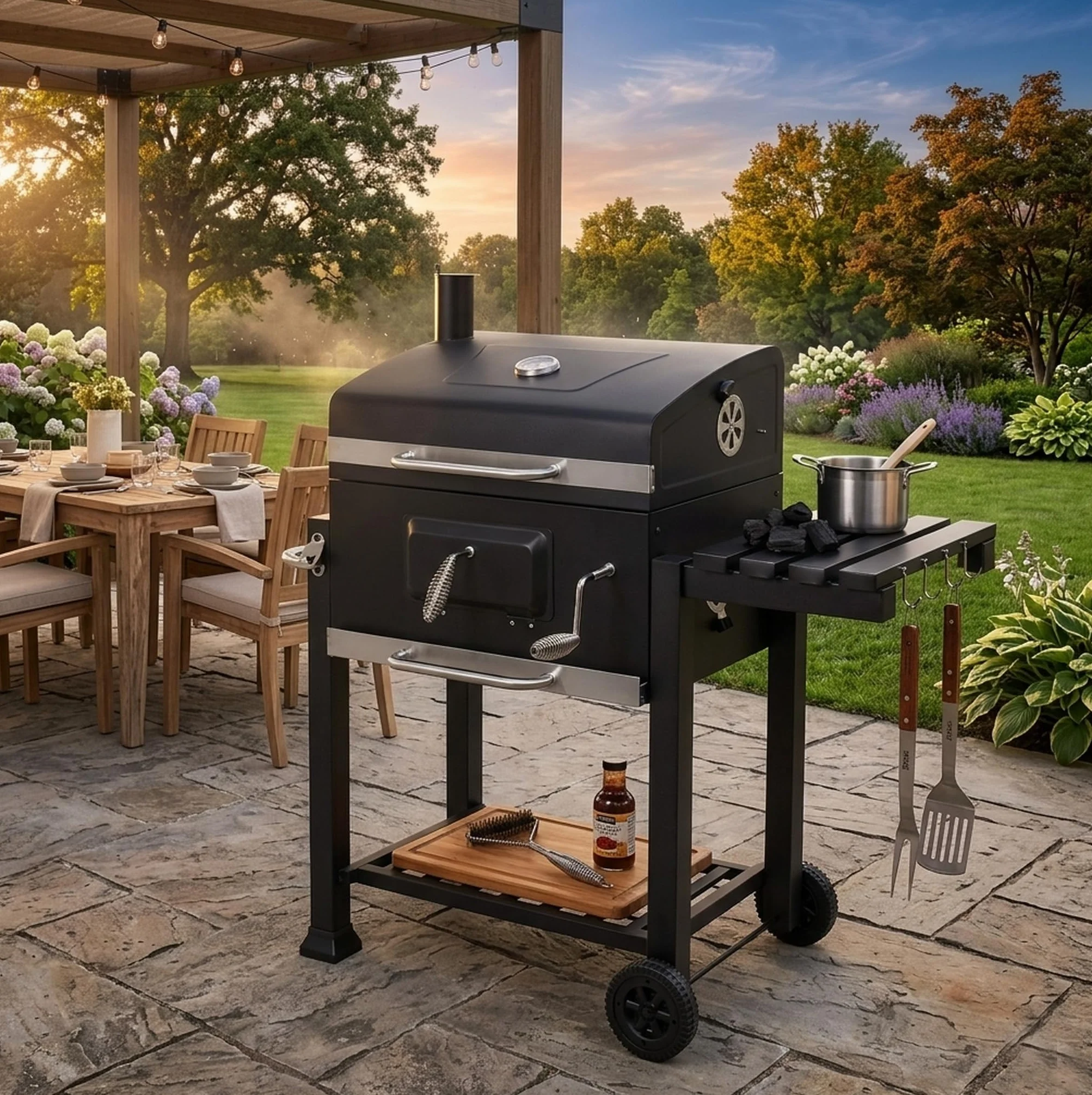 Meridiana Barbecue a Carbonella XXL con Coperchio e Termometro, Griglia in Acciaio Inox