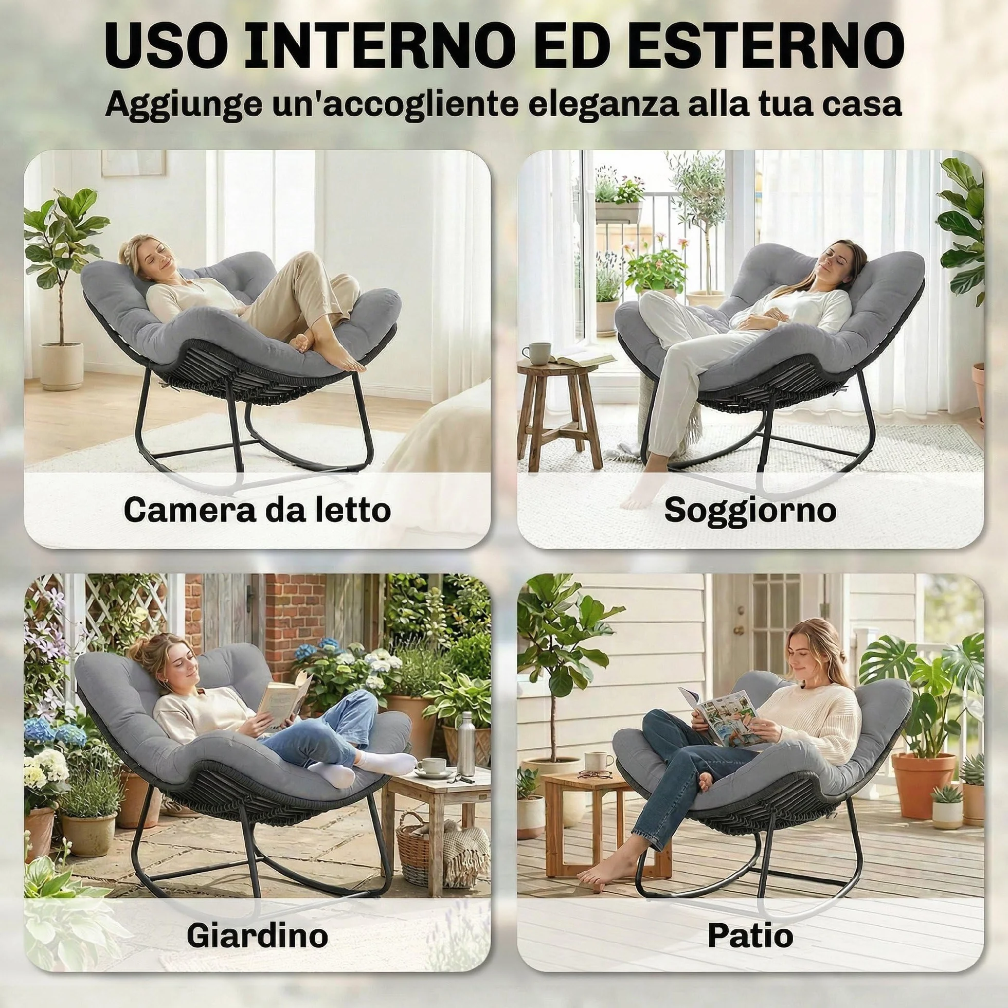 Outsunny Sedia a Dondolo in Rattan Oversize con Cuscino, Struttura Metallo Zincato, Max 120 kg, Grigio Scuro