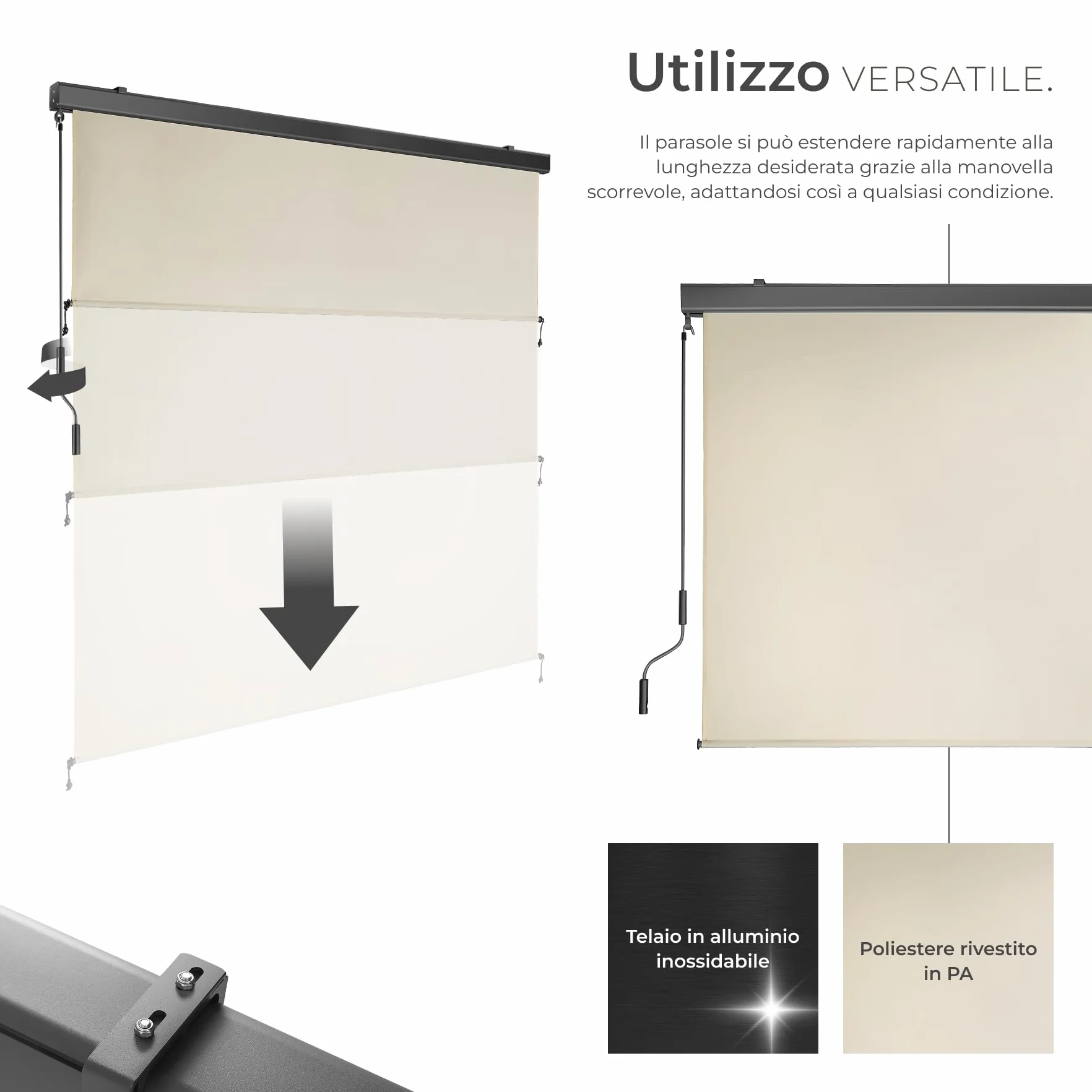 Tectake Tenda da Sole Verticale a Rullo con Manovella 180x250 cm Beige Impermeabile Protezione UV