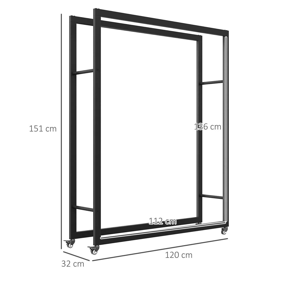 Outsunny Scaffale Portalegna da Esterno e Interno con Ruote, Legnaia in Metallo Rinforzato, 0.43m³, 120x32x151cm, Nero