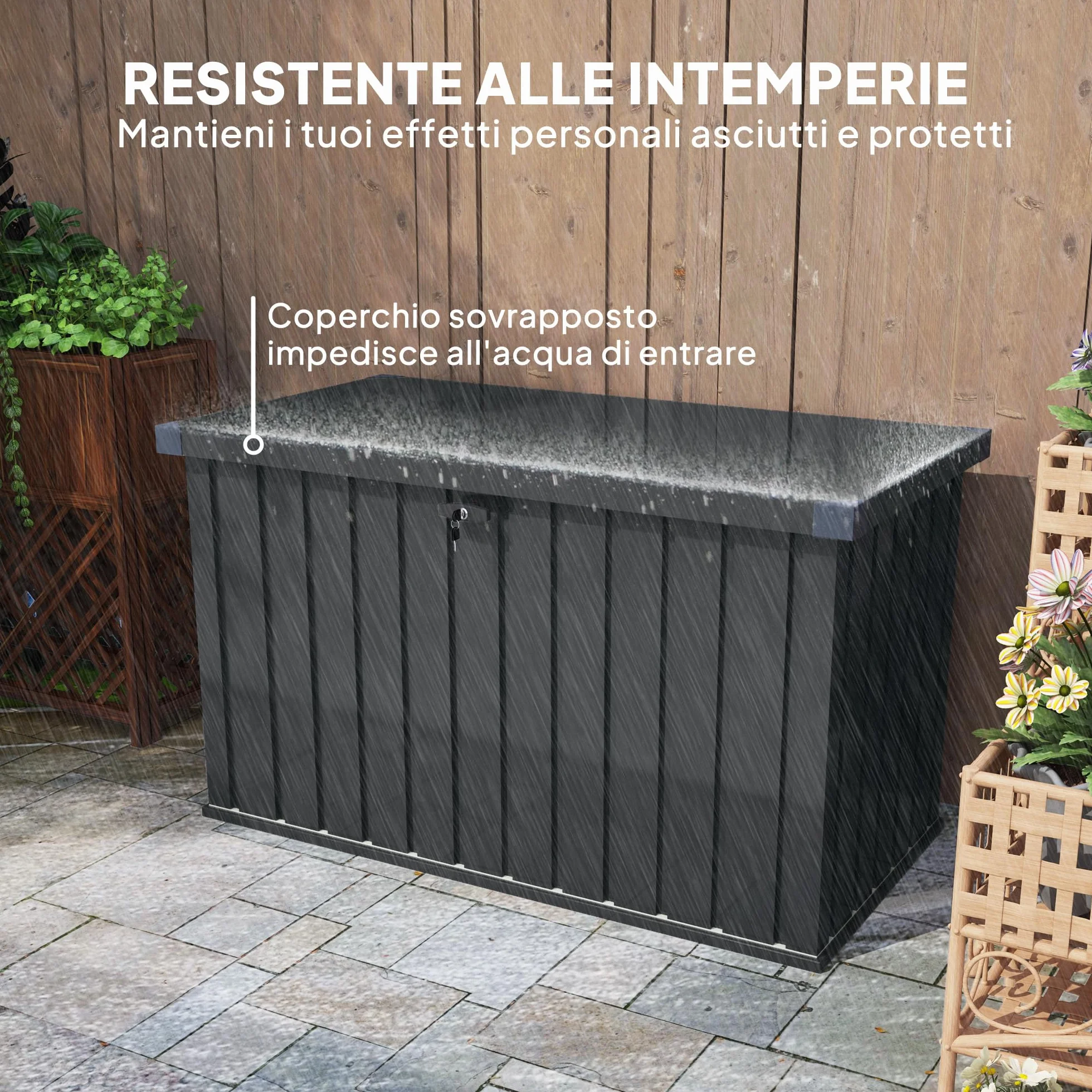 Outsunny Baule da Esterno da 400L con Coperchio a Doppia Leva, Serratura e 2 Chiavi, Cassapanca Contenitore da Esterno Impermeabile in Acciaio Zincato, 124x66x72 cm, Grigio Scuro