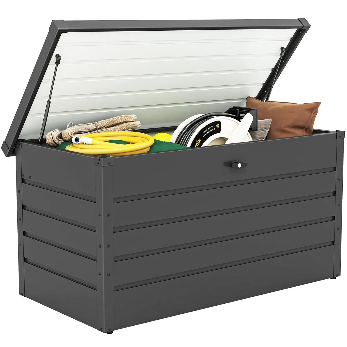 Outsunny Panca Baule Contenitore da Giardino con Chiave, Cassapanca Moderna in Acciaio, Grigio, 120x62x62cm
