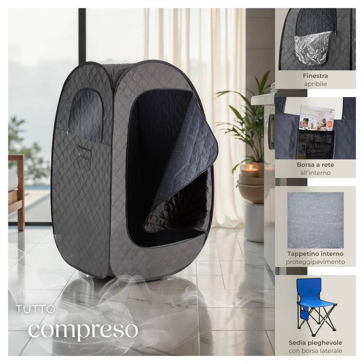 Sauna da Casa a Vapore Portatile Pieghevole 1000 W 15 Livelli Temperatura Grigio