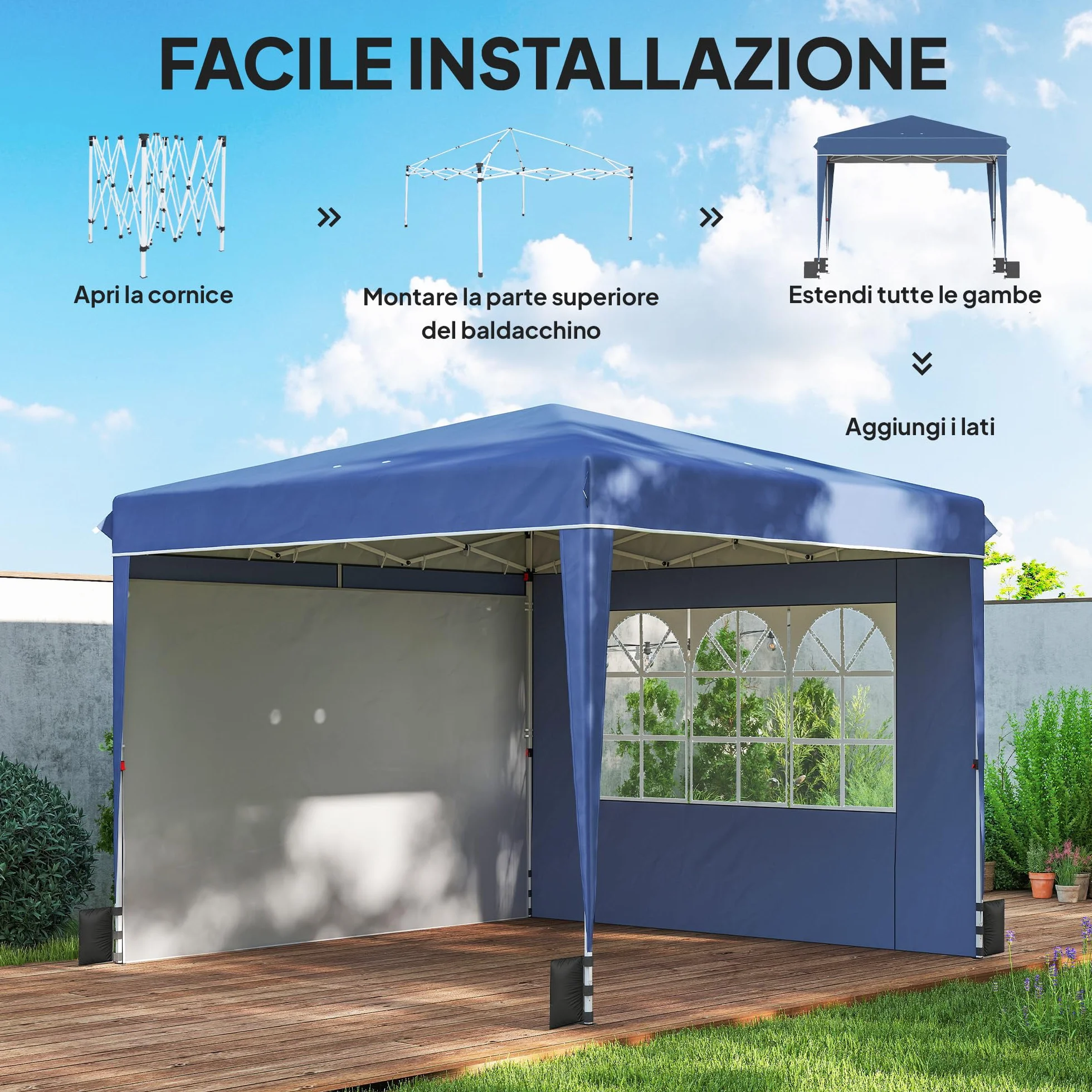 Outsunny Gazebo 3x3m Pieghevole Pop Up Altezza Regolabile, Gazebo da Giardino con Pareti Laterali, UV50+, Blu Scuro