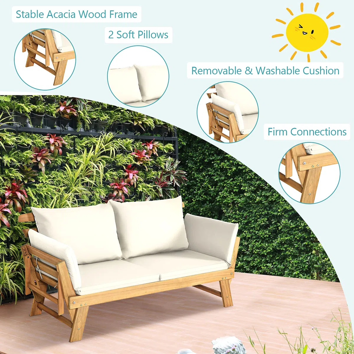 GIANTEX Divano Esterno da Giardino 2 Posti con Cuscino，Set da Giardino in Legno Certificato FSC®，Sdraio da Giardino Pieghevole da 2 Persone,153/194 x 72 x 76 cm，Beige/Grigio