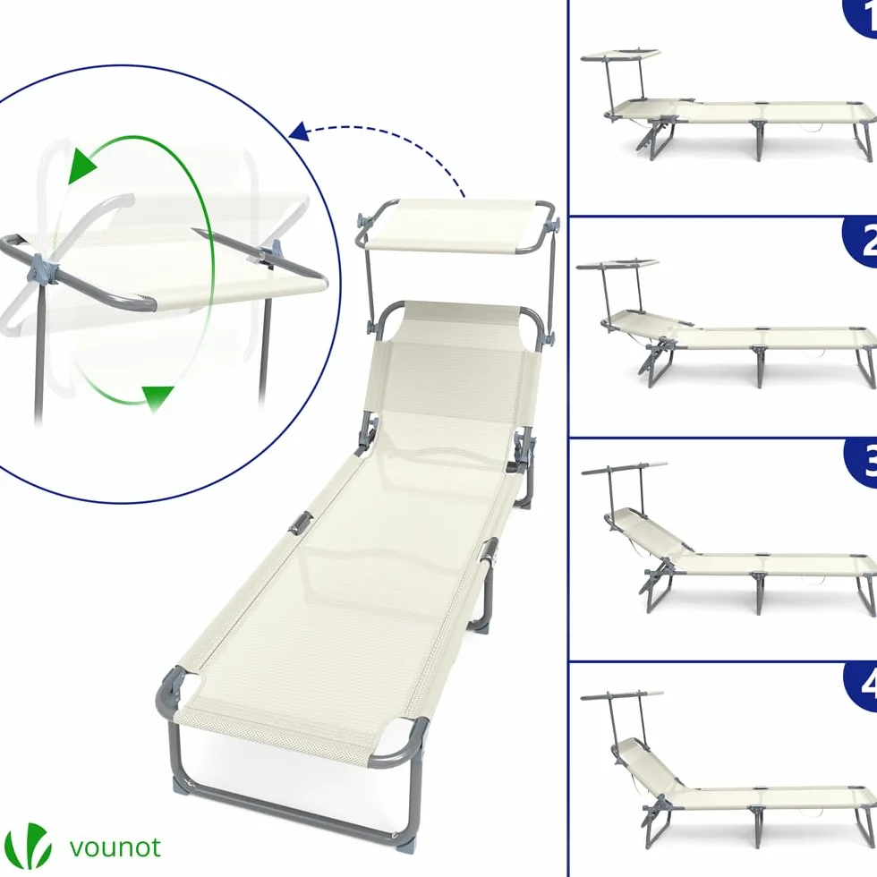 VOUNOT® Sdraio da Giardino Pieghevole, Set di 2 Lettini Prendisole con Tettuccio Parasole, Beige