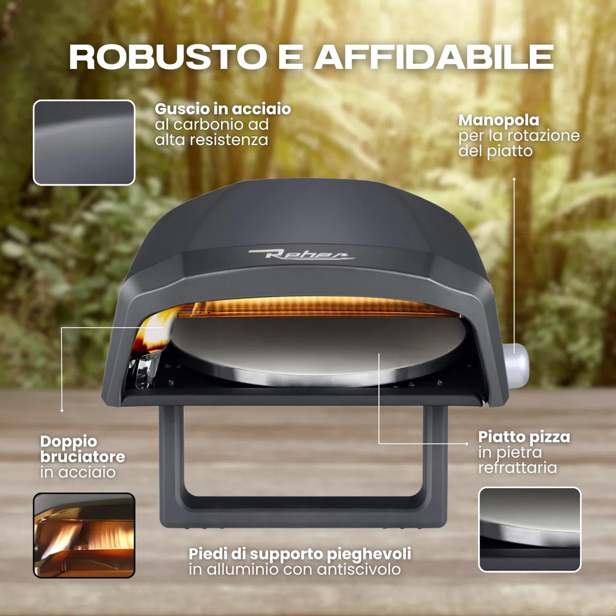 PizzaReber Forno Pizza a Gas con Piatto Rotante 32 cm – Doppio Bruciatore GPL, Acciaio INOX, Alluminio – Cottura 500°