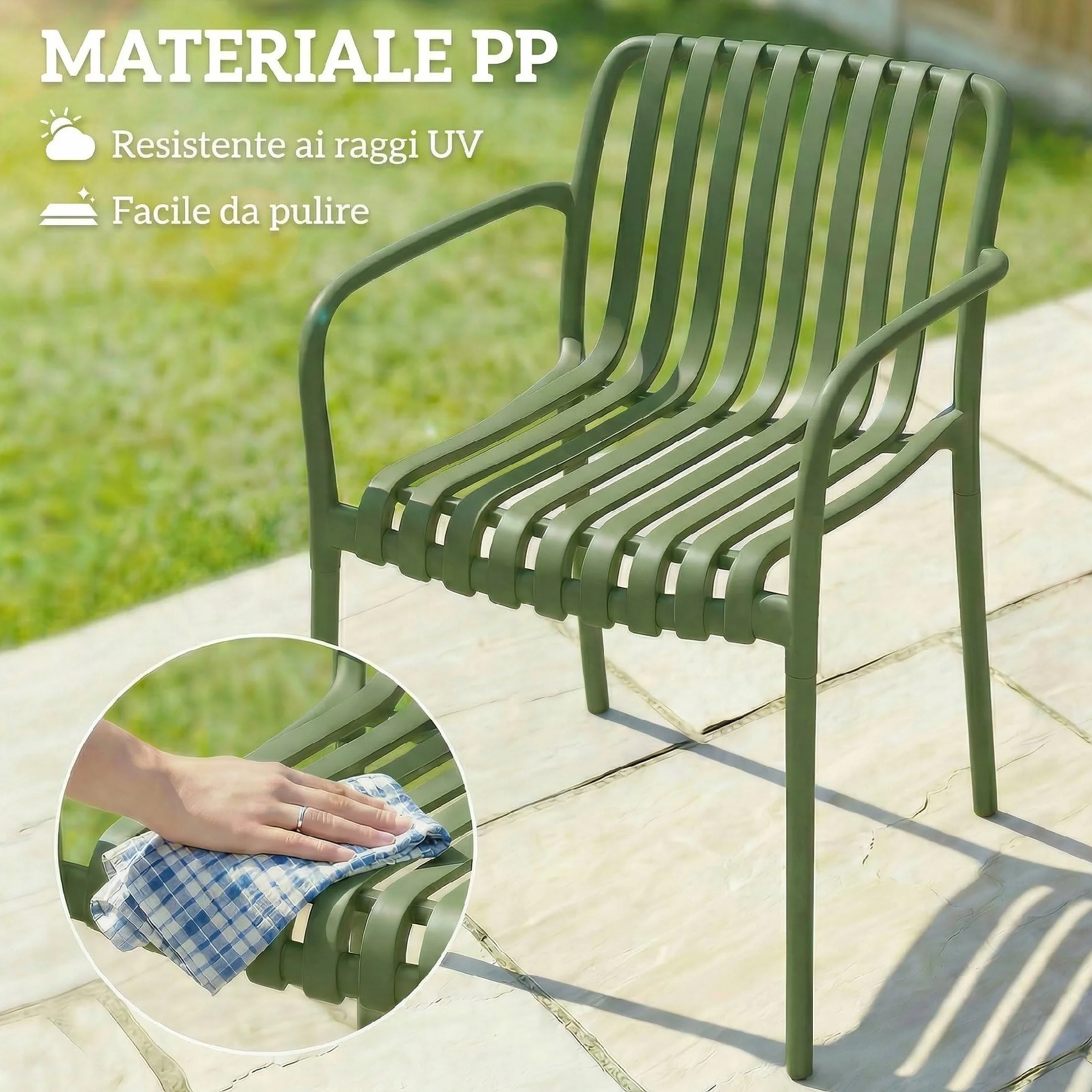 Outsunny Set 4 Sedie da Giardino Impilabili in PP Anti UV, Sedie per Esterno con Schienale Ergonomico, 55x58.5x81.5 cm, Verde