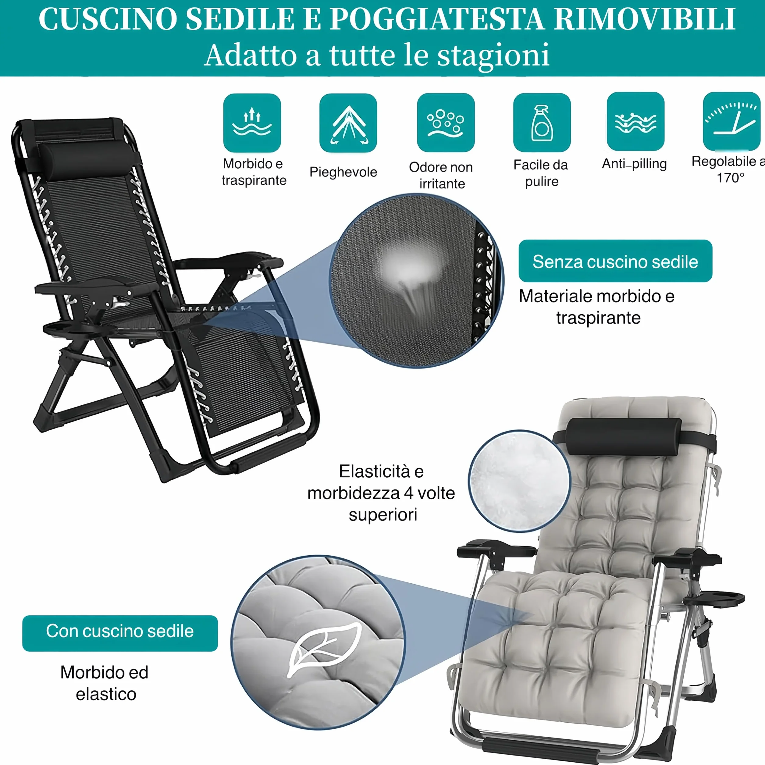Sedia Sdraio Pieghevole Esterno 65cm con Portabicchieri e Copertina, Traspirante Leggero, Alluminio Tubo 40mm Portata 240KG, Sdraio Imbottita Giardino Reclinabile per Terrazzo, Piscina, Mare, Balcone