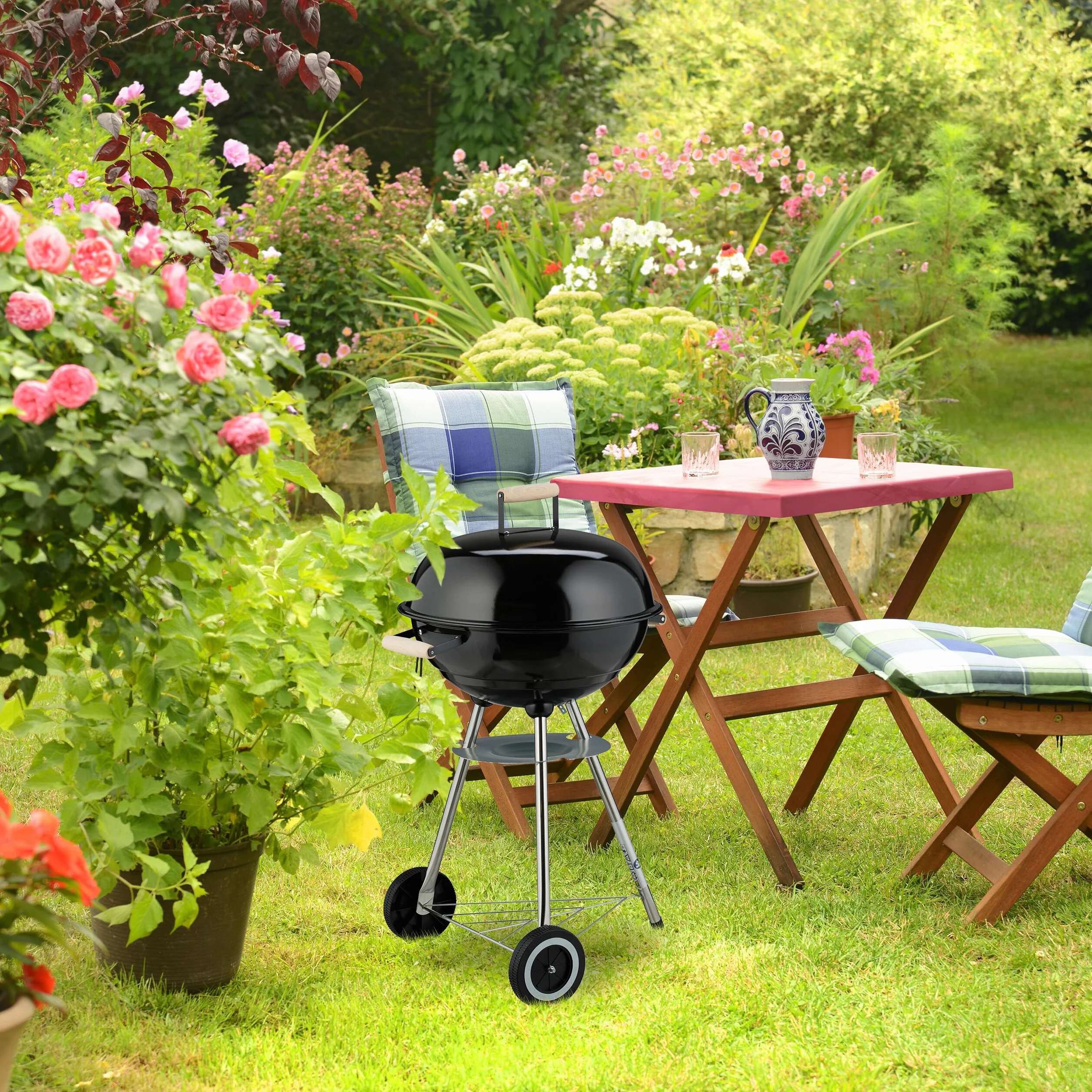 Relaxdays Grill a Carbonella Rotondo Ø 44 cm z Coperchio, 2 Koła, Czarny