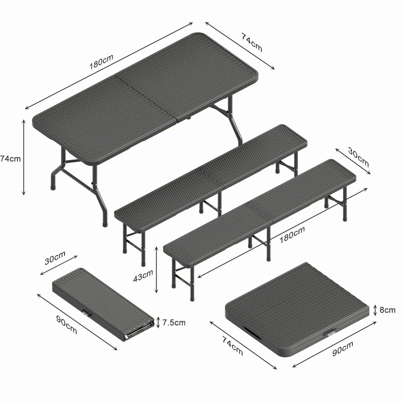 JUMMICO Set da Esterno 3 Pezzi Tavolo Giardino Pieghevole Effetto Rattan HDPE 300kg per Campeggio BBQ