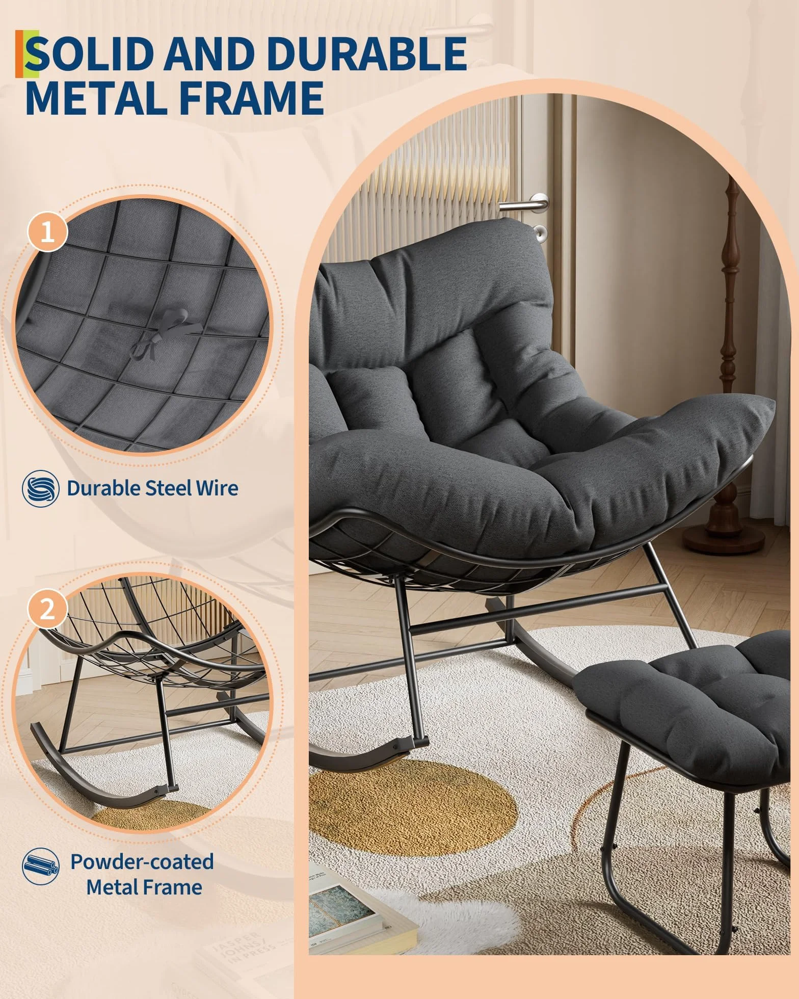 Sedia a dondolo esterno oversize forma uovo poggiapiedi - Seduta ergonomica tessuto grigio imbottitura spessa, struttura in metallo resistente alle intemperie, moderna sedia giardino giardino