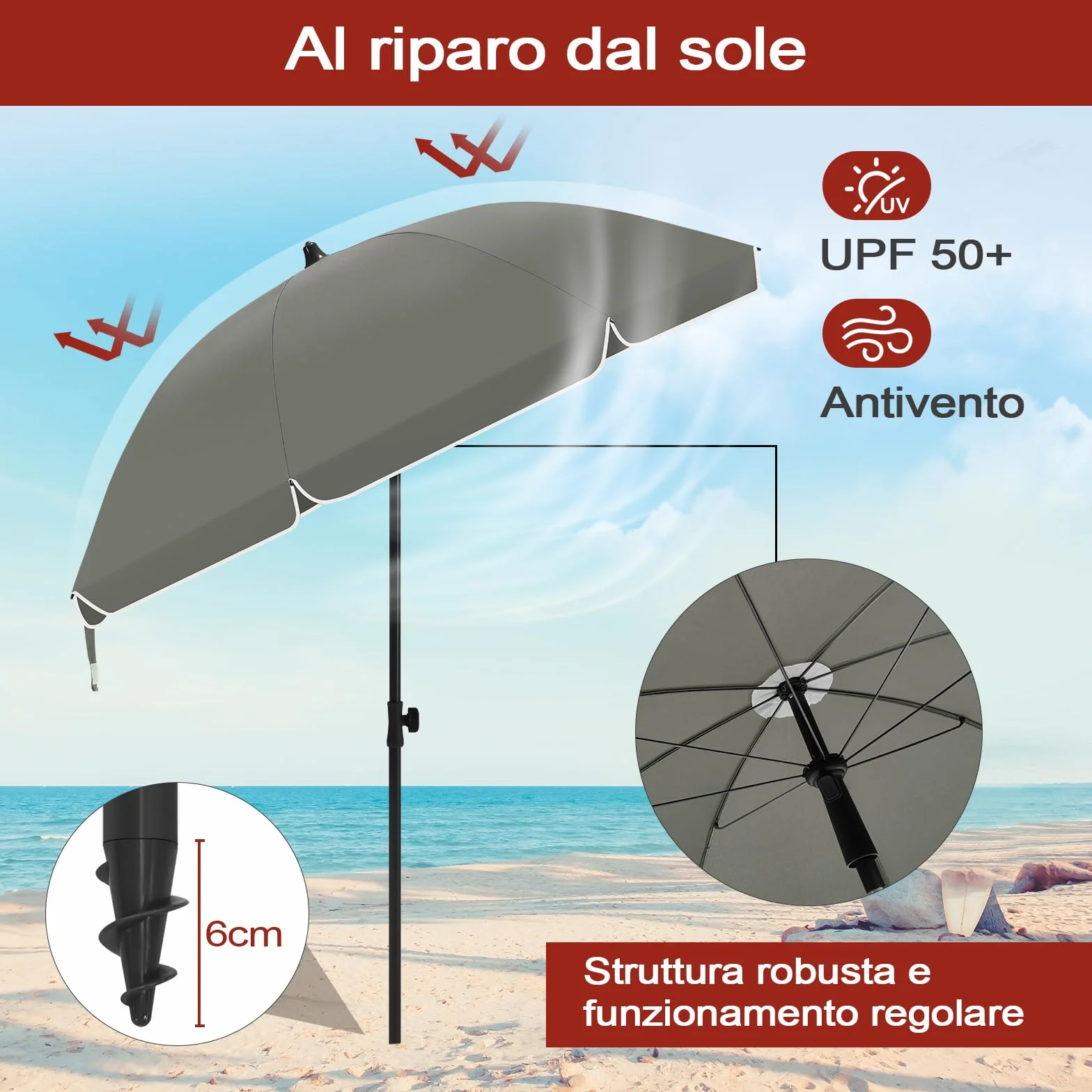 Laneetal Ombrellone da Spiaggia UV UPF 50+ φ135/155/175cm Regolabile in Altezza Portatile con Borsa