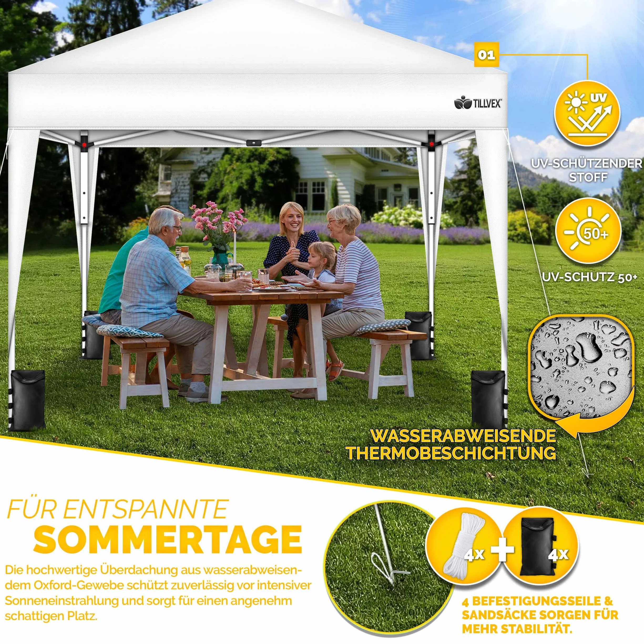 Tillvex Gazebo 3x3m Impermeabile Pieghevole Pop-Up Regolabile in Altezza con Protezione UV 50+ Tenda da Giardino Bianco
