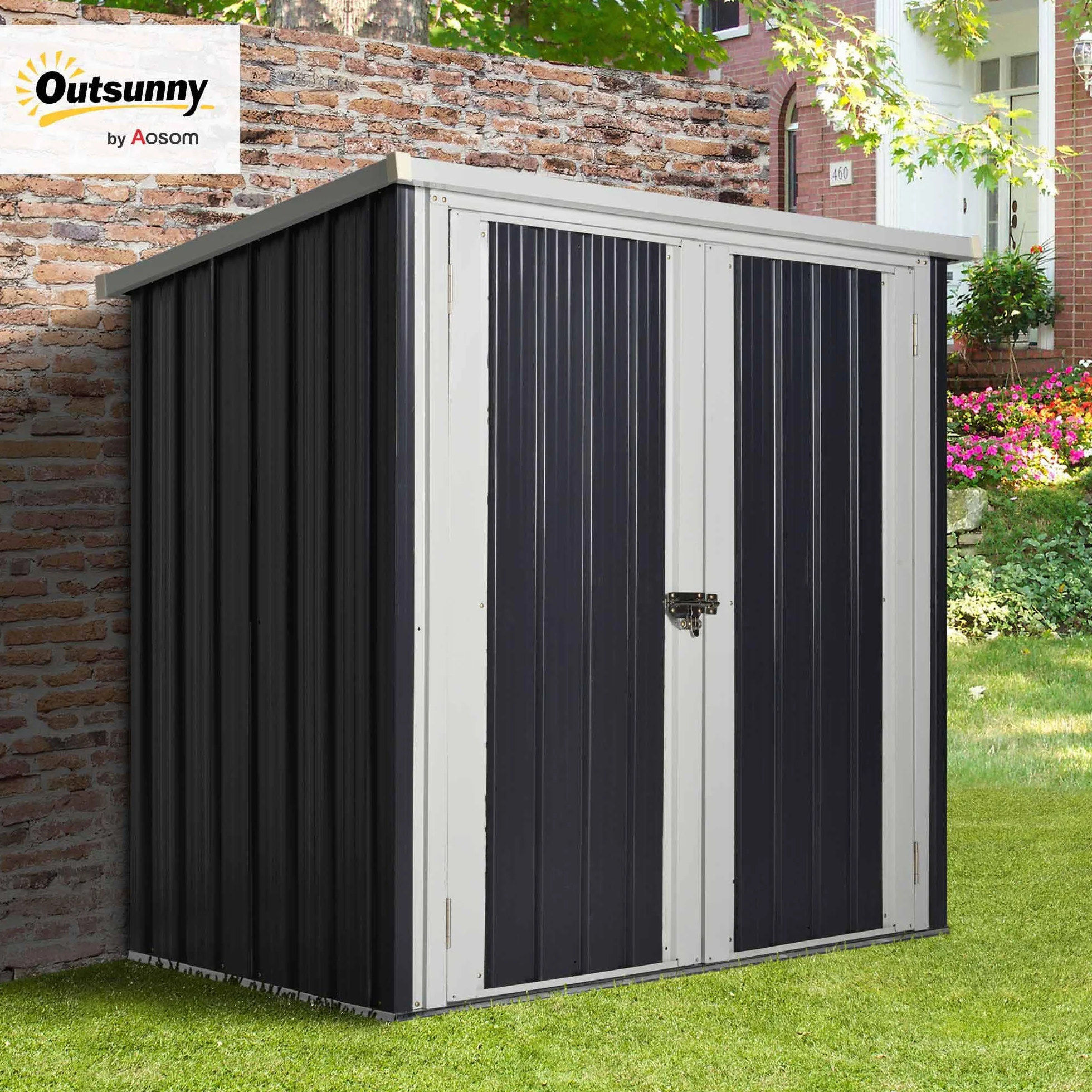 Outsunny Casetta da Giardino in Lamiera di Acciaio, Capanno a Doppia Porta con Sistema di Blocco, 147x86x134cm, Nero e Bianco