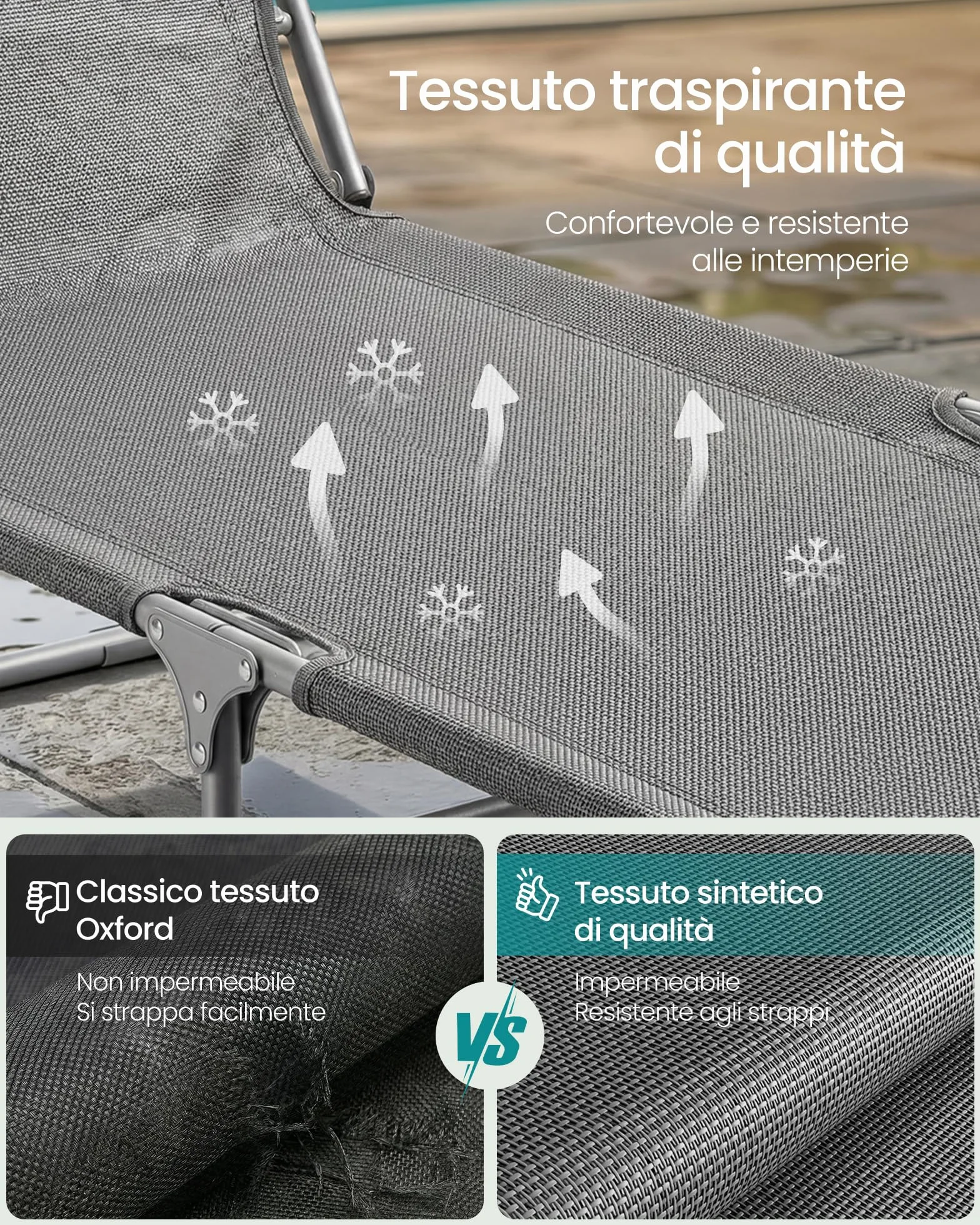 SONGMICS Set da 2 Sedie a Sdraio Pieghevoli, 189 x 53 x 28,5 cm, con Cusicni, Lettini Prendisole, Portata 110 kg Ciascuno, Parasole e Schienale Regolabili, per Terrazza e Balcone, Grigio GCB292GZ02
