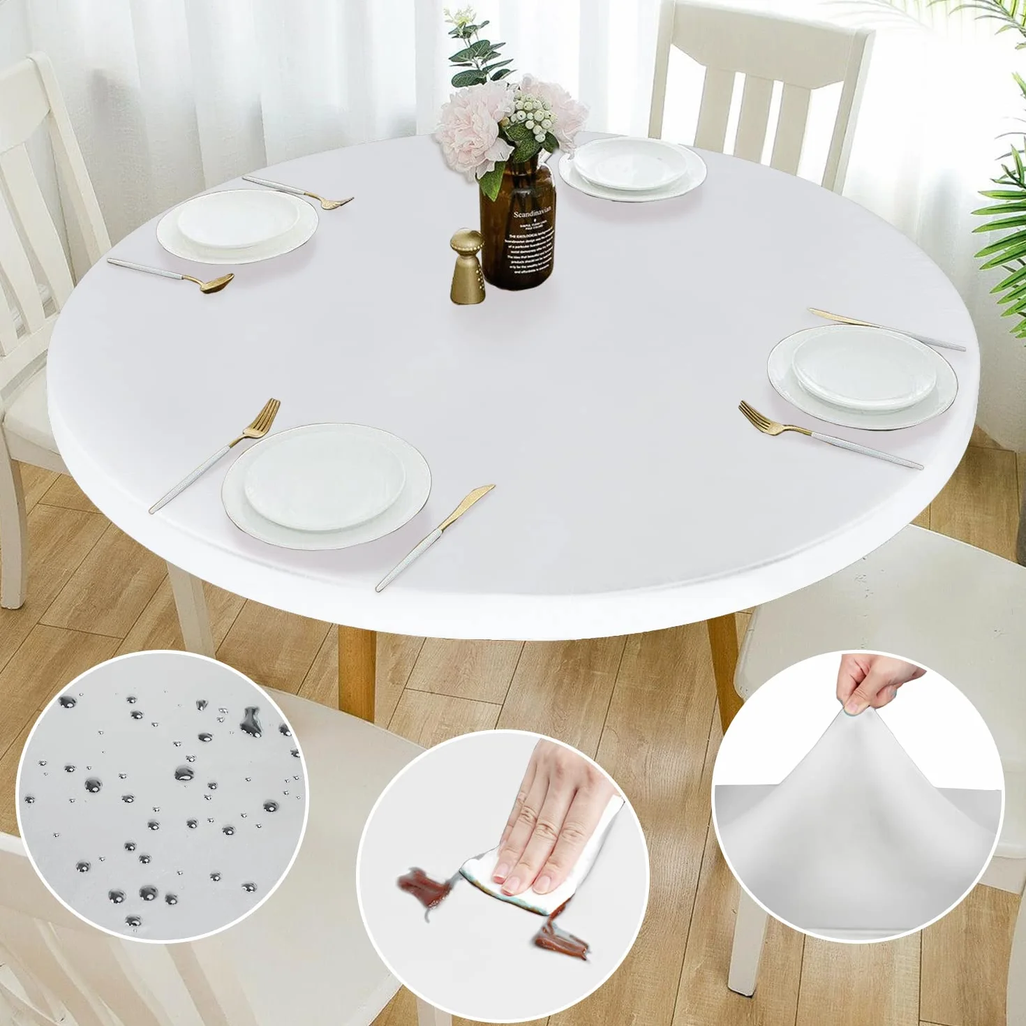 Doppia PU Rotondo Fitted Tovaglia Anti-Tear Elastica Impermeabile Antiolio Bianco 57''-60''