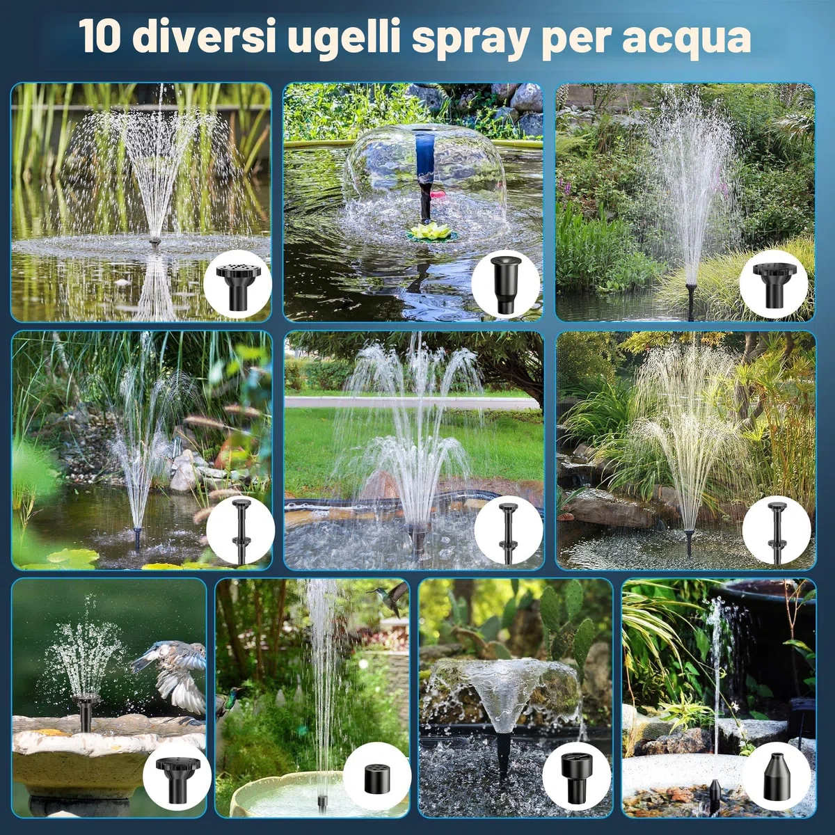 Biling Filtro per laghetto solare da 8 W, con batteria e 10 ugelli, pompa solare per laghetti chiari fino a 500 l, pompa filtro silenziosa per mini laghetto da giardino, fontana, giochi d'acqua, bagno