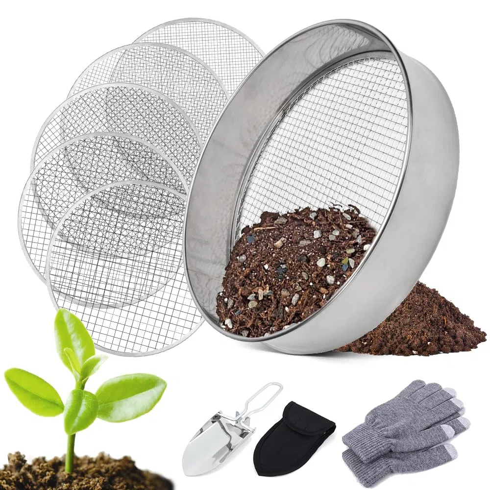Setaccio da Giardino Rotondo 5 in1 20 cm Acciaio Inox con Inserti 3-12 mm per Terriccio Compost