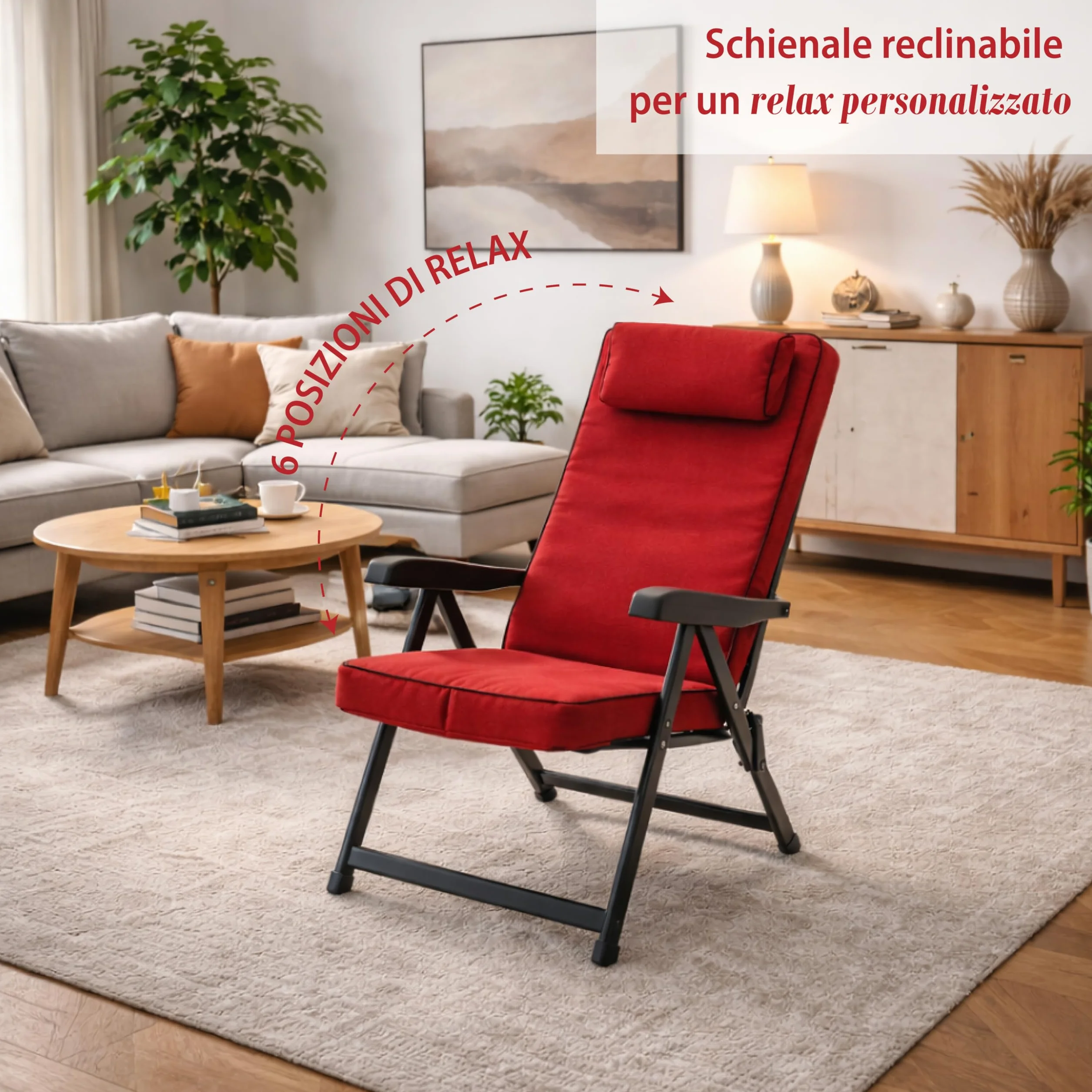 MA MAISON Sedia Reclinabile Imbottita 122x60x61 cm - con Poggiatesta, 6 Posizioni, Braccioli Ergonomici, Struttura in Acciaio, per Interno, Esterno - Made in Italy ROSSO
