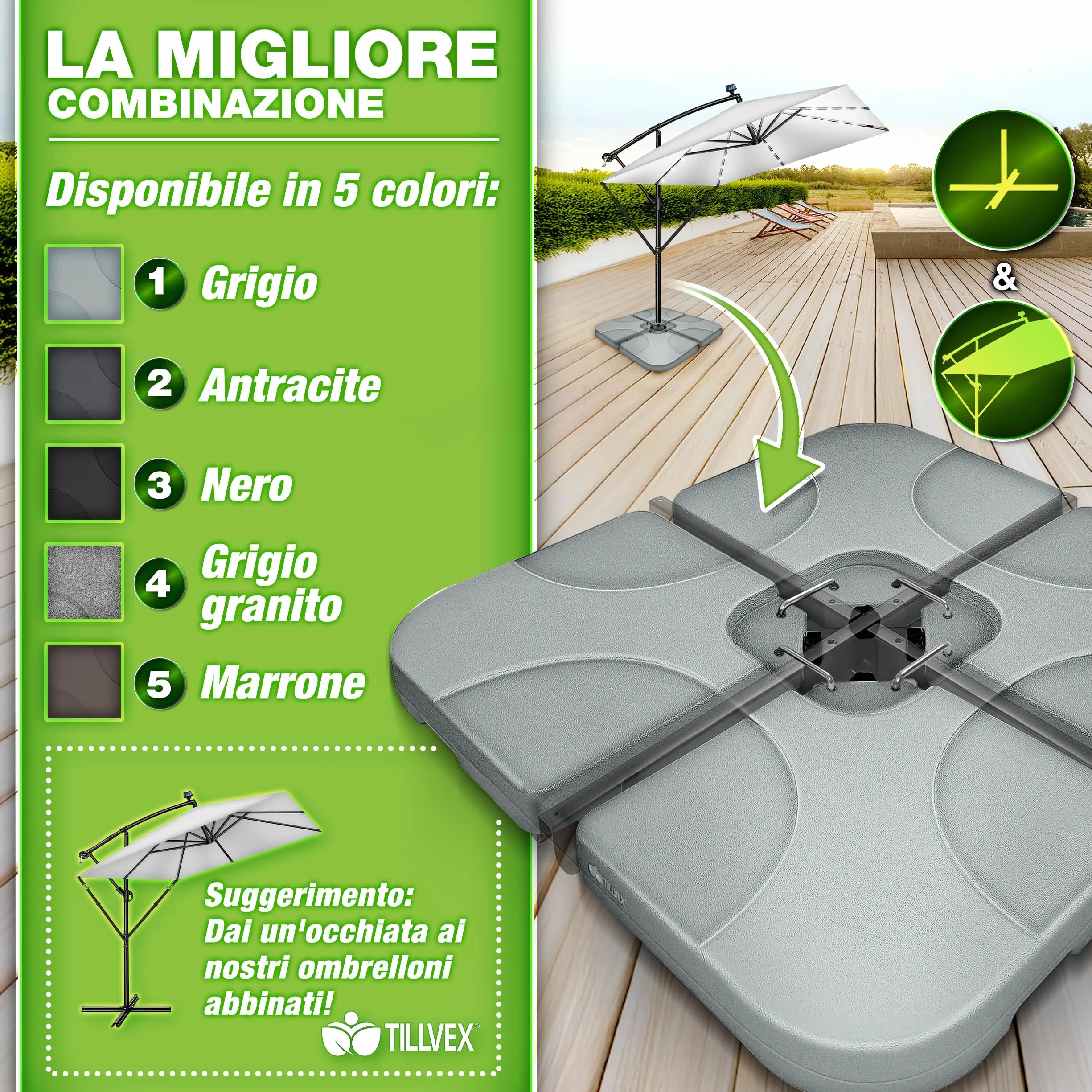 tillvex® Base per Ombrellone 90 Litri / 120 kg – 4 Pezzi per Ombrellone Decentrato con Connettore Metallico | Porta Ombrelloni Riempibile con Acqua o Sabbia | Supporto Ombrellone (Grigio)