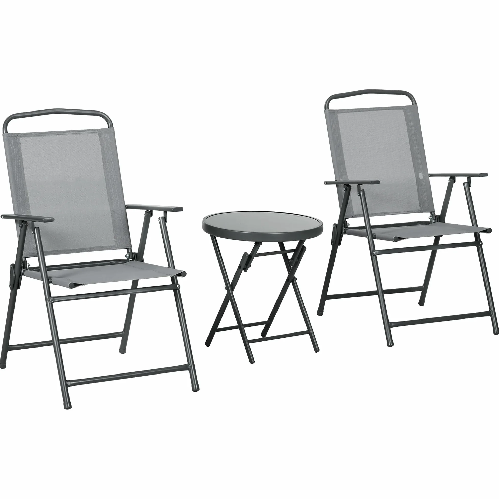 Outsunny Set da Giardino 3 Pezzi con Sedie e Tavolino Pieghevoli in Metallo e Vetro Grigio Chiaro per Patio