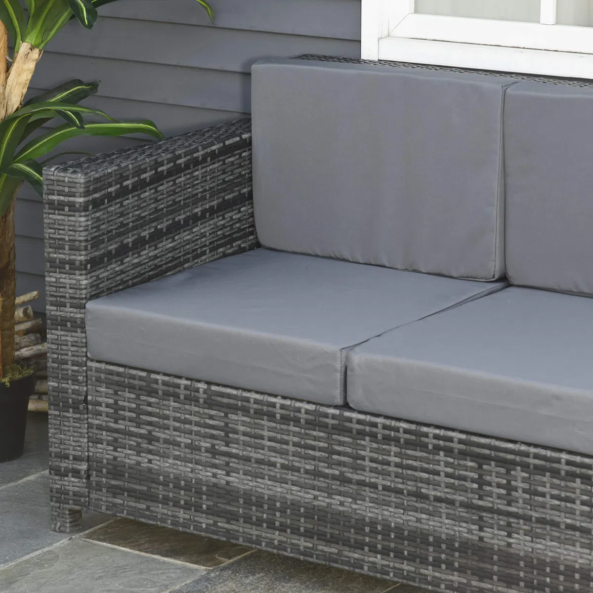 Outsunny Divanetto da Esterno 3 Posti in Rattan PE, Divano da Esterno con Cuscini Imbottiti e Sfoderabili, Struttura in Metallo per Giardino, Patio e Terrazzo, 185x70x80 cm, Grigio