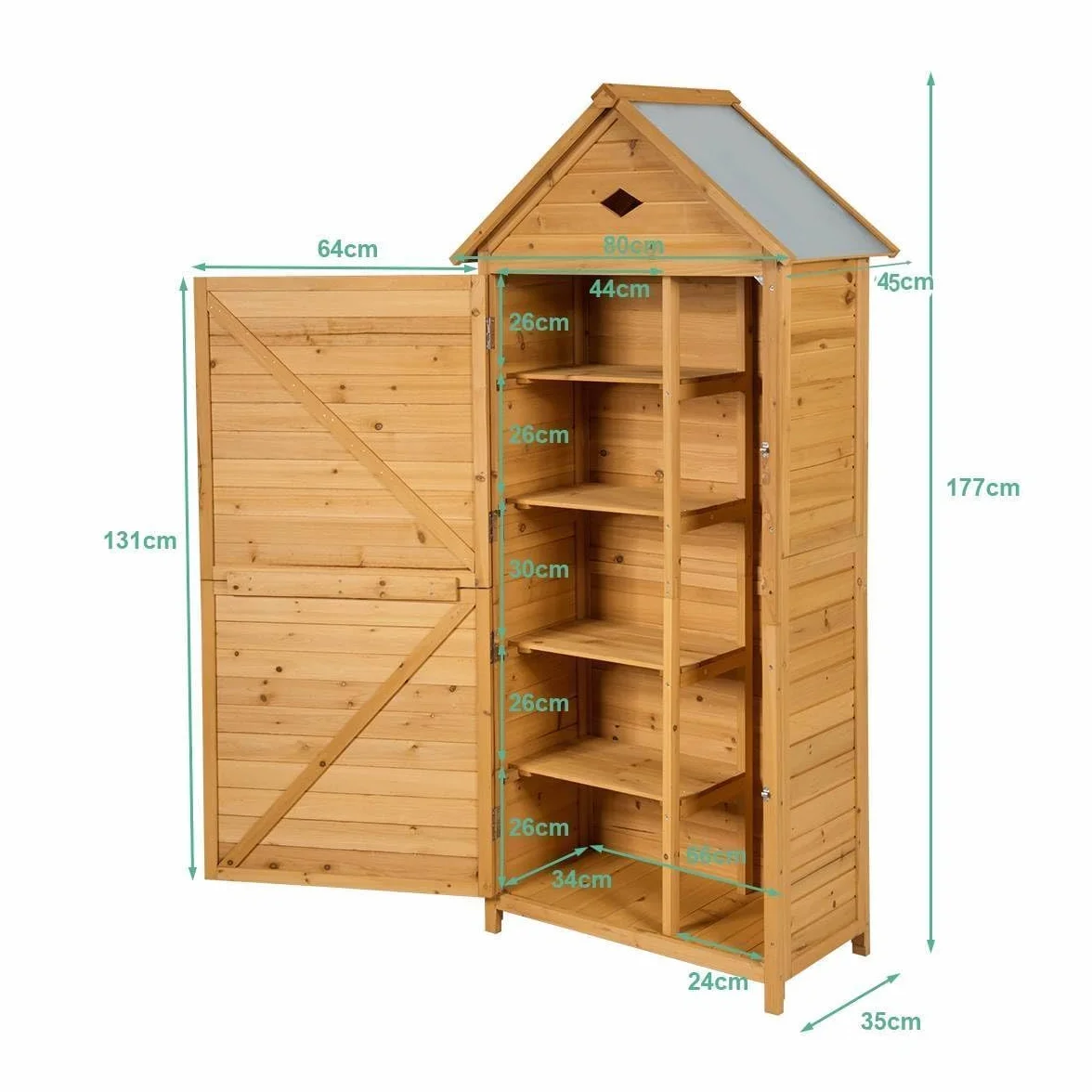 RELAX4LIFE Armadio da Esterno in Legno Massello con Tetto in Lamiera Zincata – Impermeabile e Antiruggine – 4 Ripiani Regolabili + Scomparto Alto per Attrezzi (80x45x177cm)