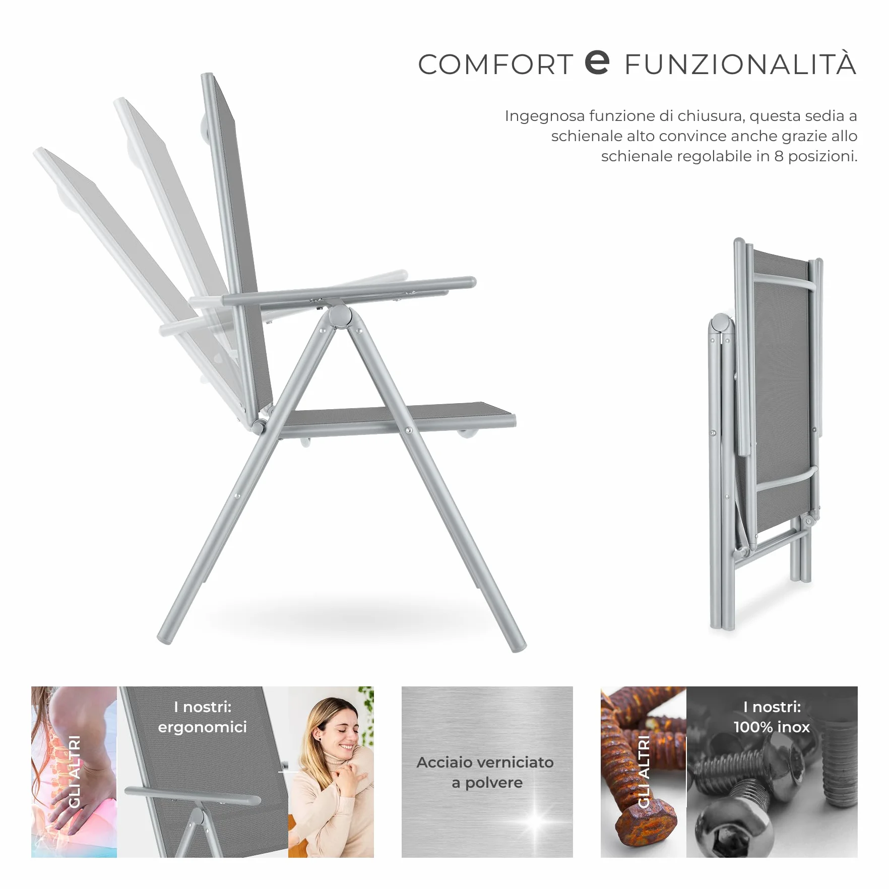 Set da 2 Sedie da Giardino in Alluminio Pieghevoli Schienale Regolabile 7 Posizioni 67x56x105cm Carico Max 110kg Grigio Argento