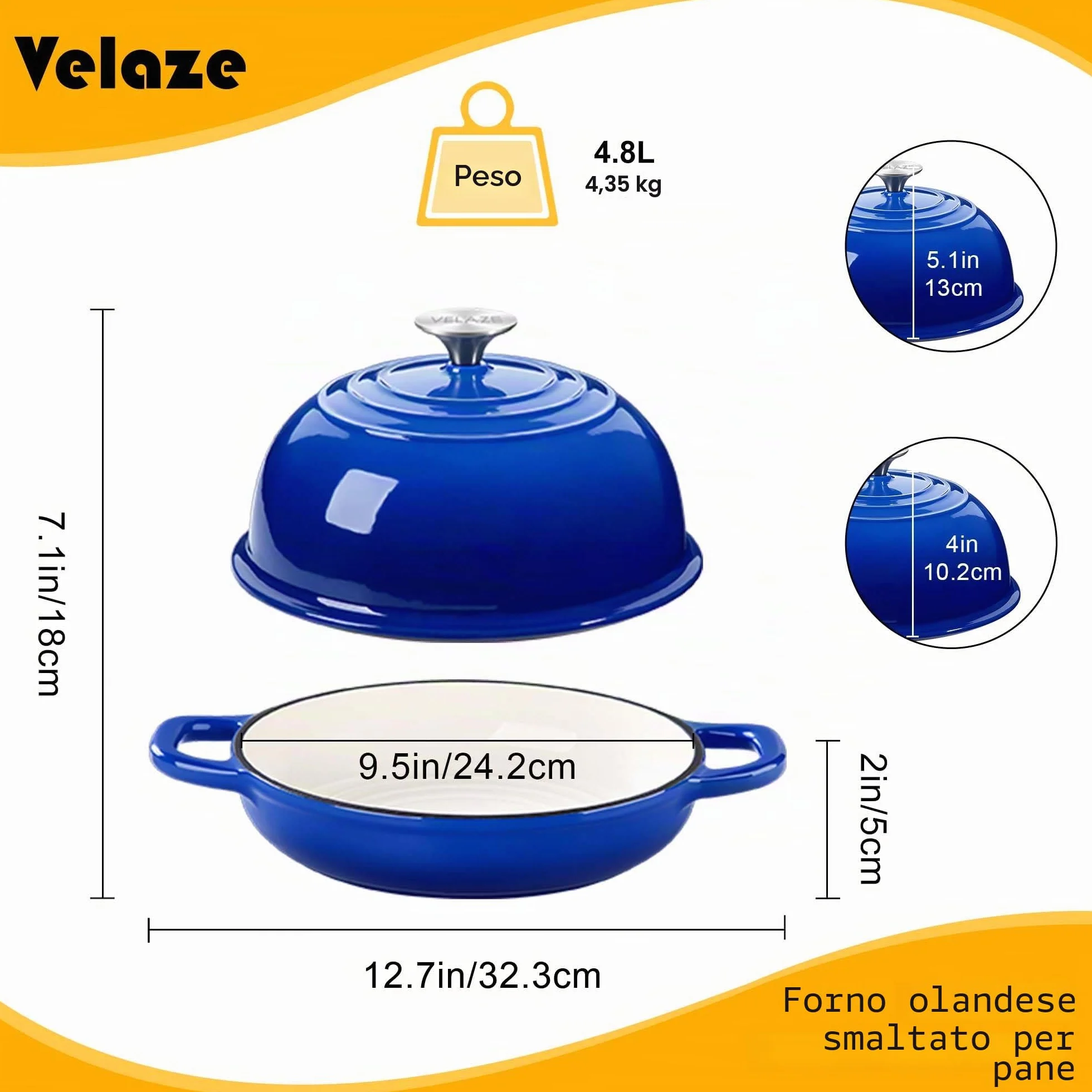 Velaze Pentola in Ghisa Smaltata 4.8L - Forno Olandese per Pane Rotondo Ø24cm con Coperchio Antiaderente, per Induzione (Blu)
