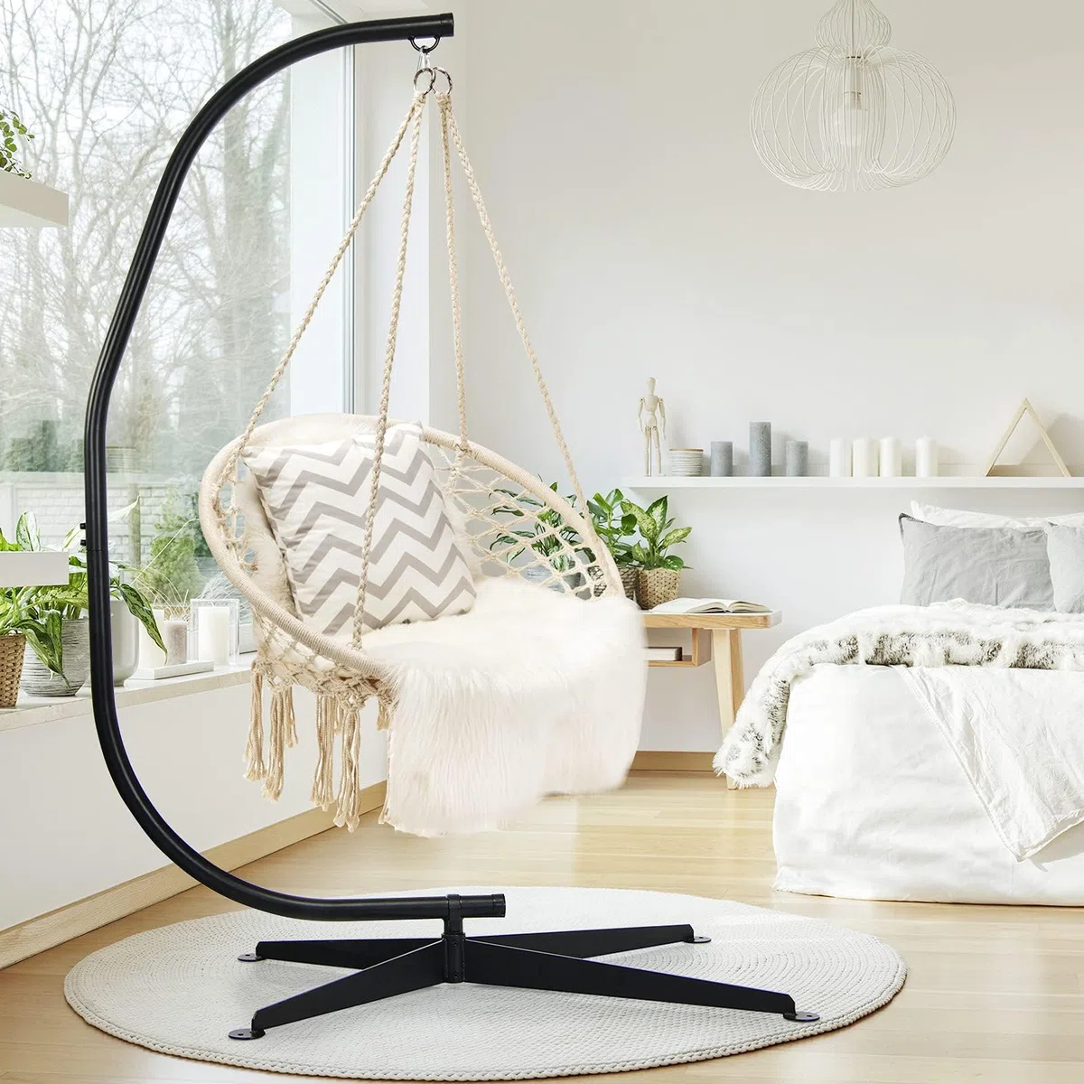 GYMAX Supporto Struttura per Sedia a Dondolo, Sostegno Metallico per Poltrona Sospesa, Portata di 150 kg, Telaio Ferro a Forma di C, Base Universale e Stabile, 111 x 84 x 207 cm