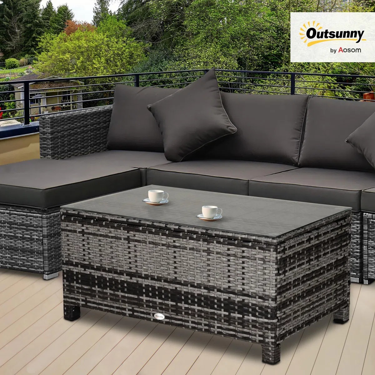 Outsunny Tavolino da giardino rattan sintetico vetro temperato 85x50x39 cm Grigio