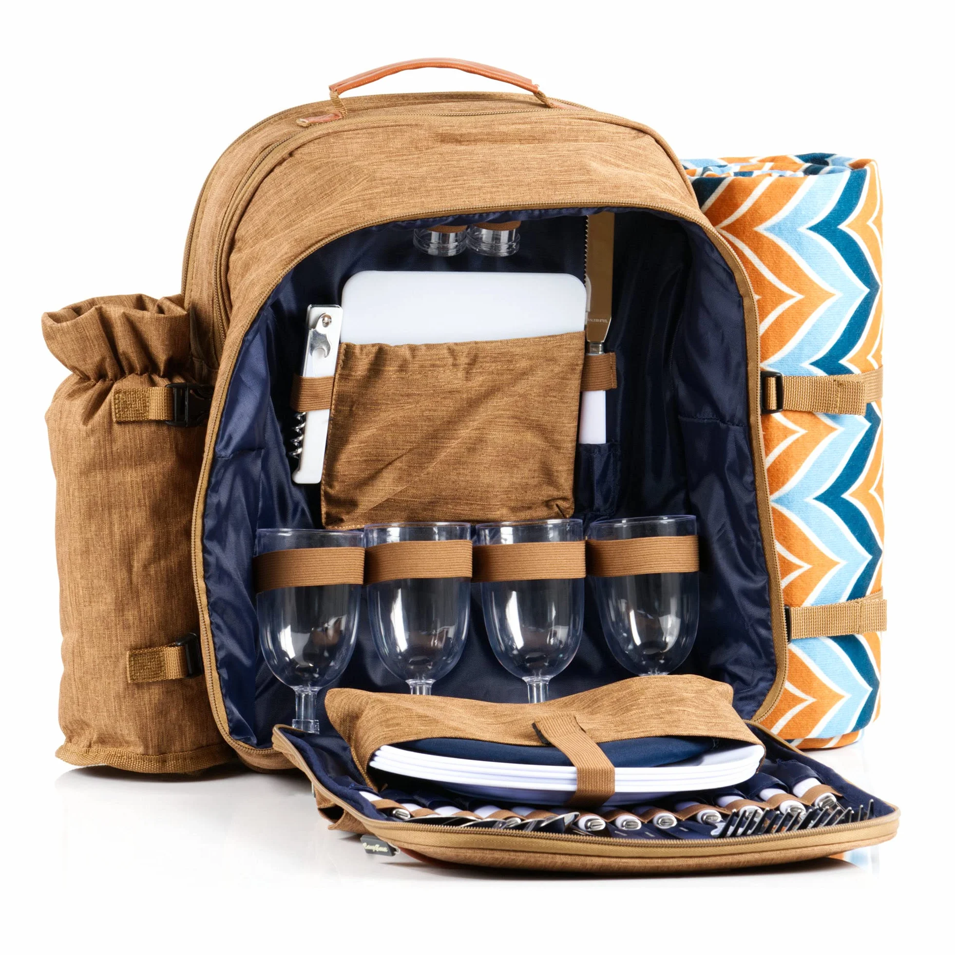 CampFeuer Zaino da Picnic per 4 persone (marrone) | set da picnic da 32 pezzi | incluso supporto per bottiglie e coperta in pile, grande scomparto termico, stoviglie e posate