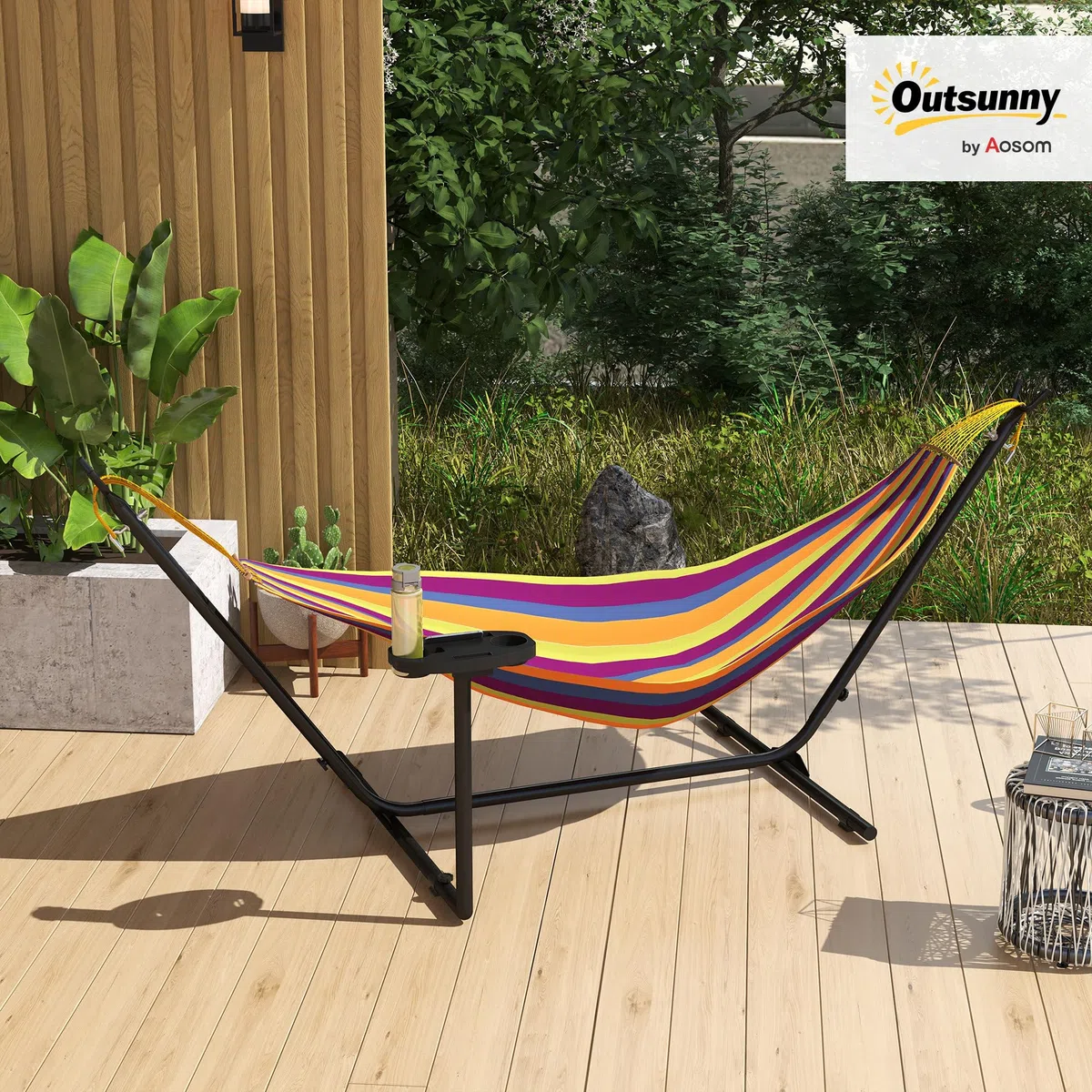 Outsunny Supporto per Amaca in Acciaio con Tavolino Integrato, Base per Amaca con Carico Massimo 150kg, Nero