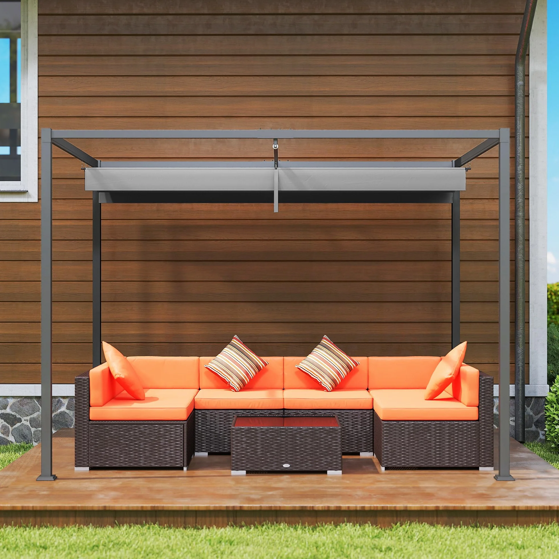 Outsunny Gazebo Pergola 3x2 m con Tettuccio Retrattile, Drenaggio, Picchetti e Viti, Poliestere e Metallo, Grigio