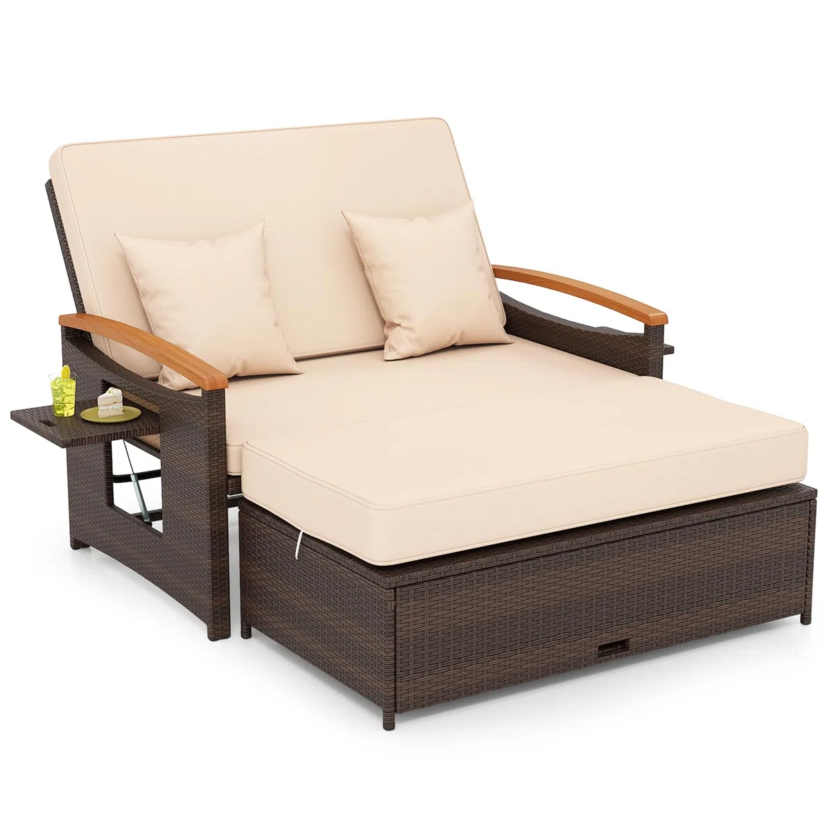 GIANTEX Divano da Giardino in Rattan a 2 Posti con Funzione Allungata, Set di Mobili in Rattan con Sgabello, Doppia Sedia a Sdraio per 2 Persone, 3 Colori (Cuscino Beige)