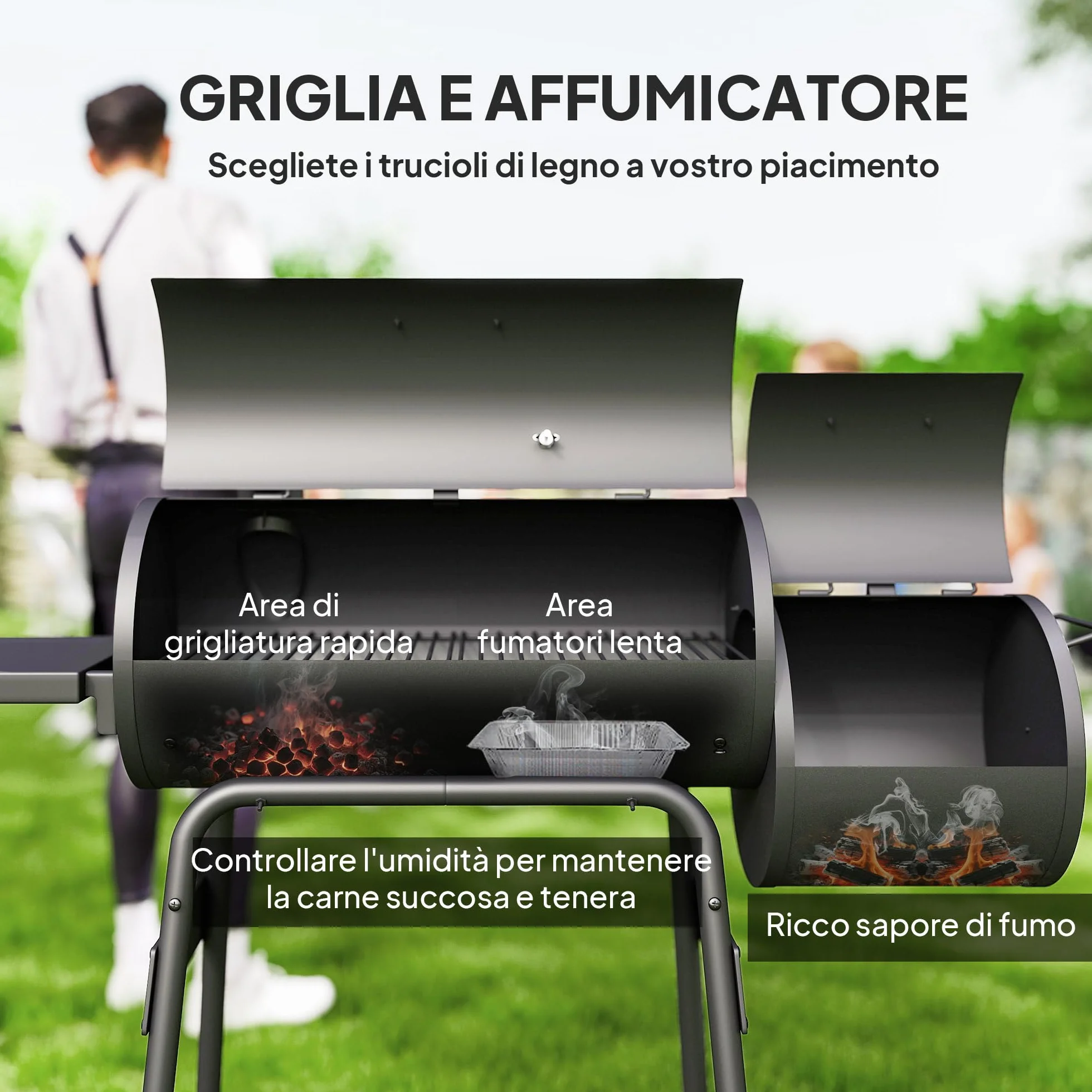 Outsunny Barbecue a Carbone con Coperchio e Affumicatore, BBQ da Giardino 124x53x104 cm Nero