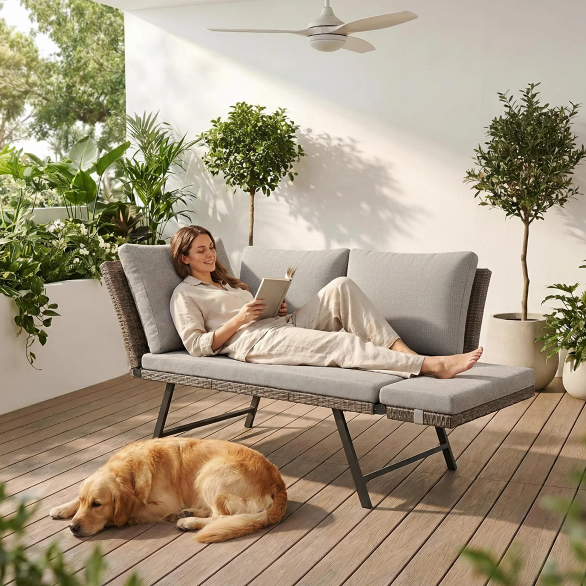 Fiutazge Divano Esterno in Polyrattan con Braccioli Regolabili,Divano Letto Convertibile 2 Posti con Cuscini Morbidi,Panchina da Esterno per Giardino, Balcone, Terrazzo e Portico-Beige
