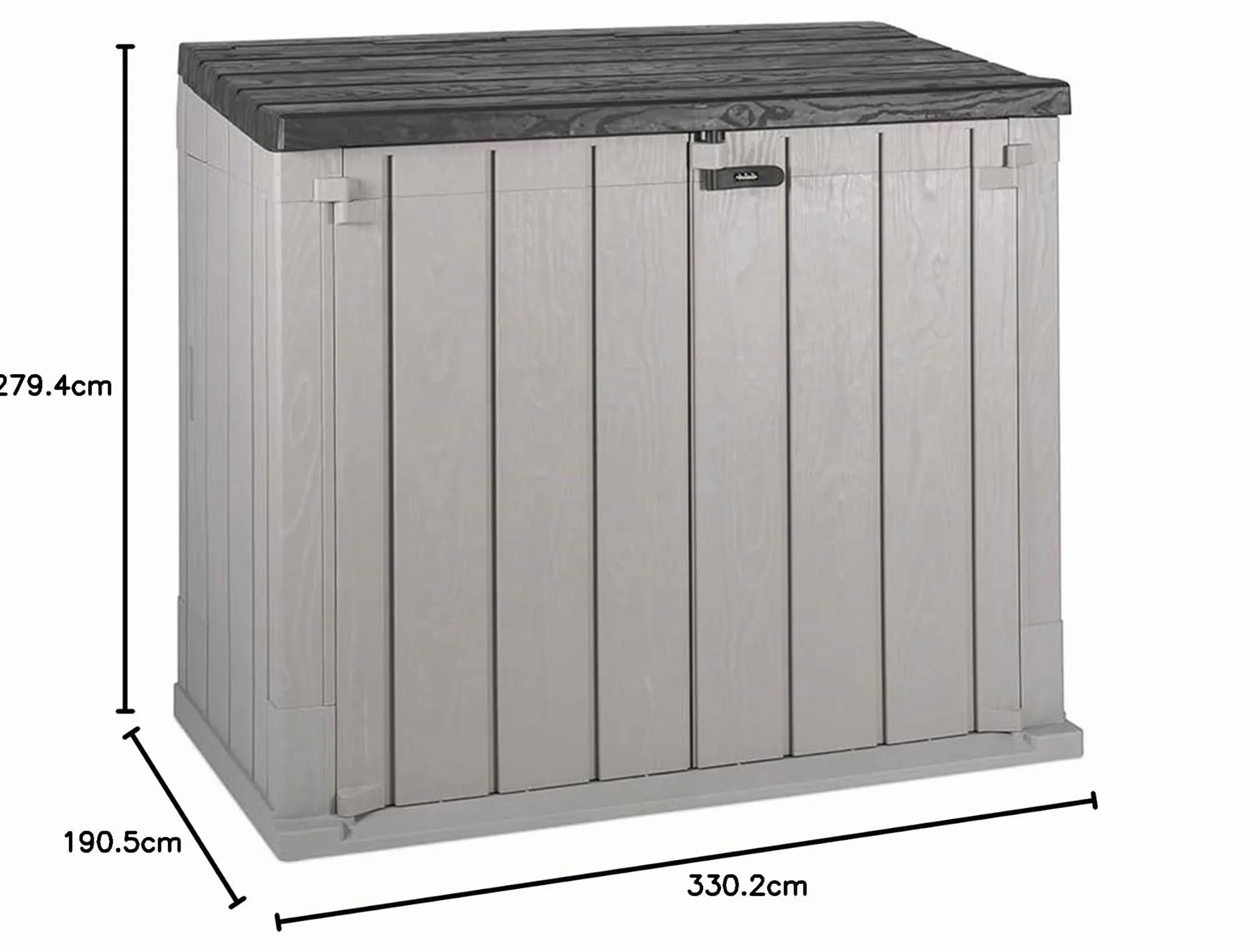 TOOMAX Stora Way Baule da 842L portattrezzi 129,5x74,5x111h cm effetto legno in plastica resistente, grigio talpa/antracite, porta bidoni da 2, con chiusura a chiavistello, ideale per il giardino